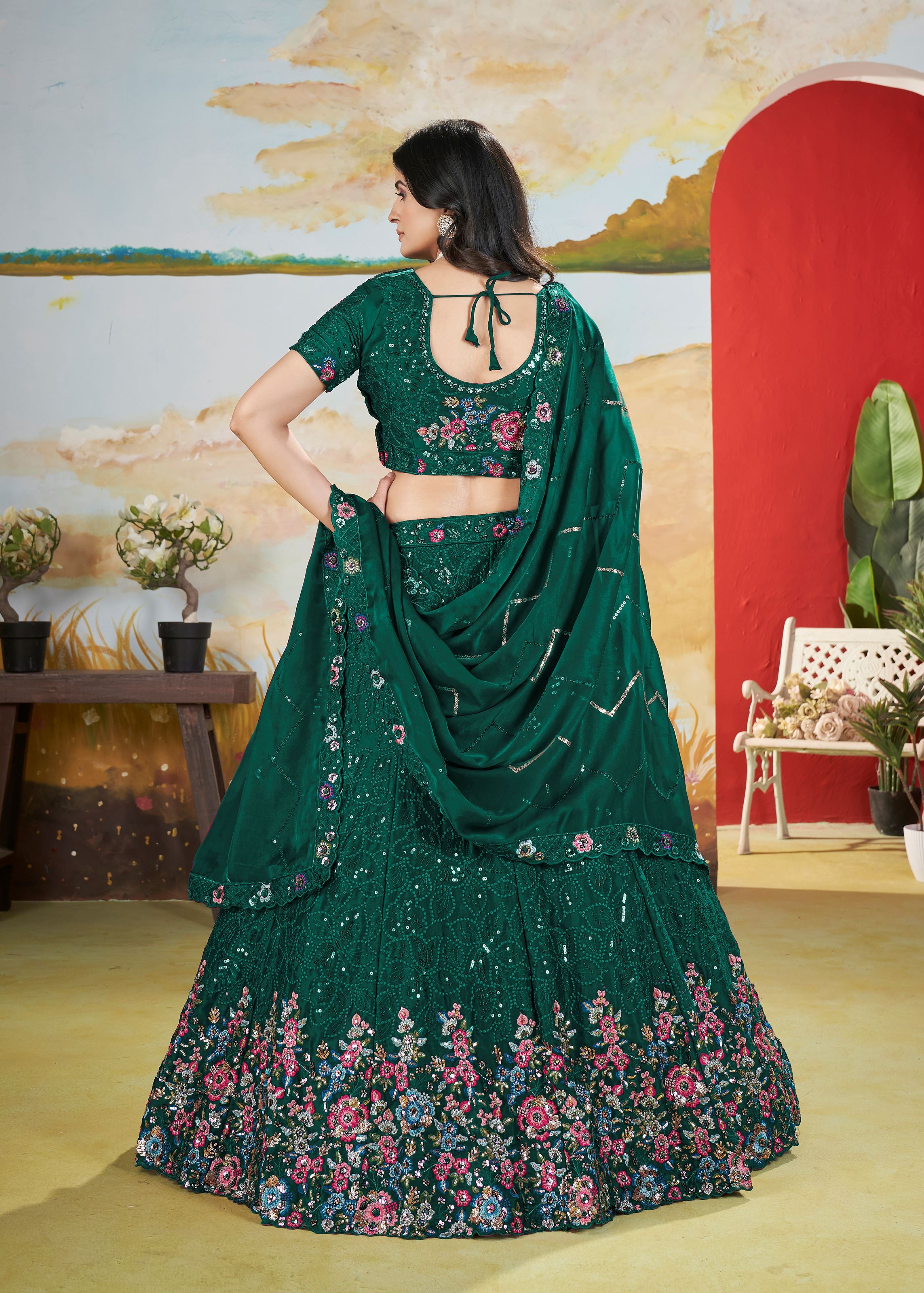 Green Chinnon Lehenga with Fancy Thread Copper Sequins