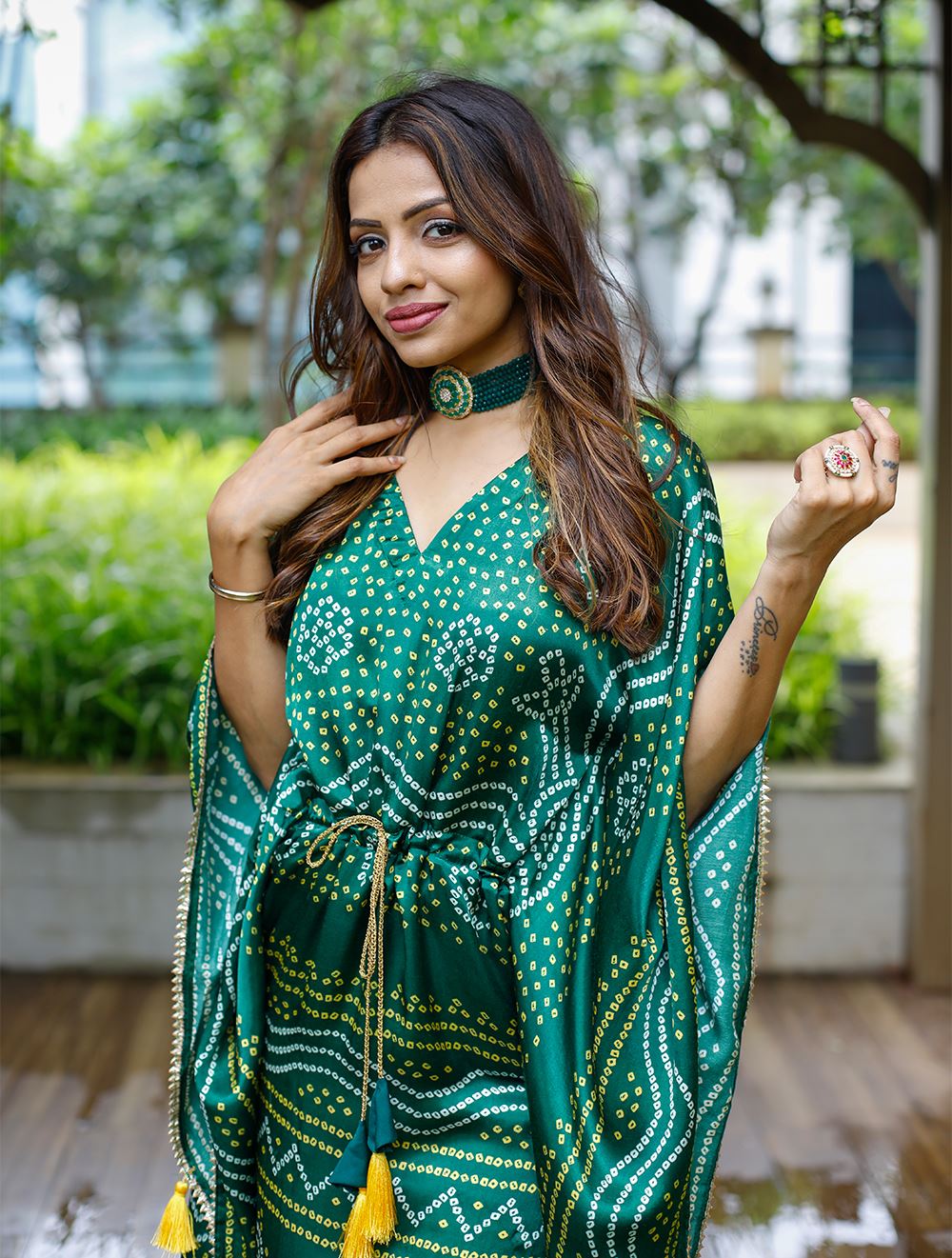 Green Color Pure Gaji Silk Kaftan with Gotta Patti Tassels