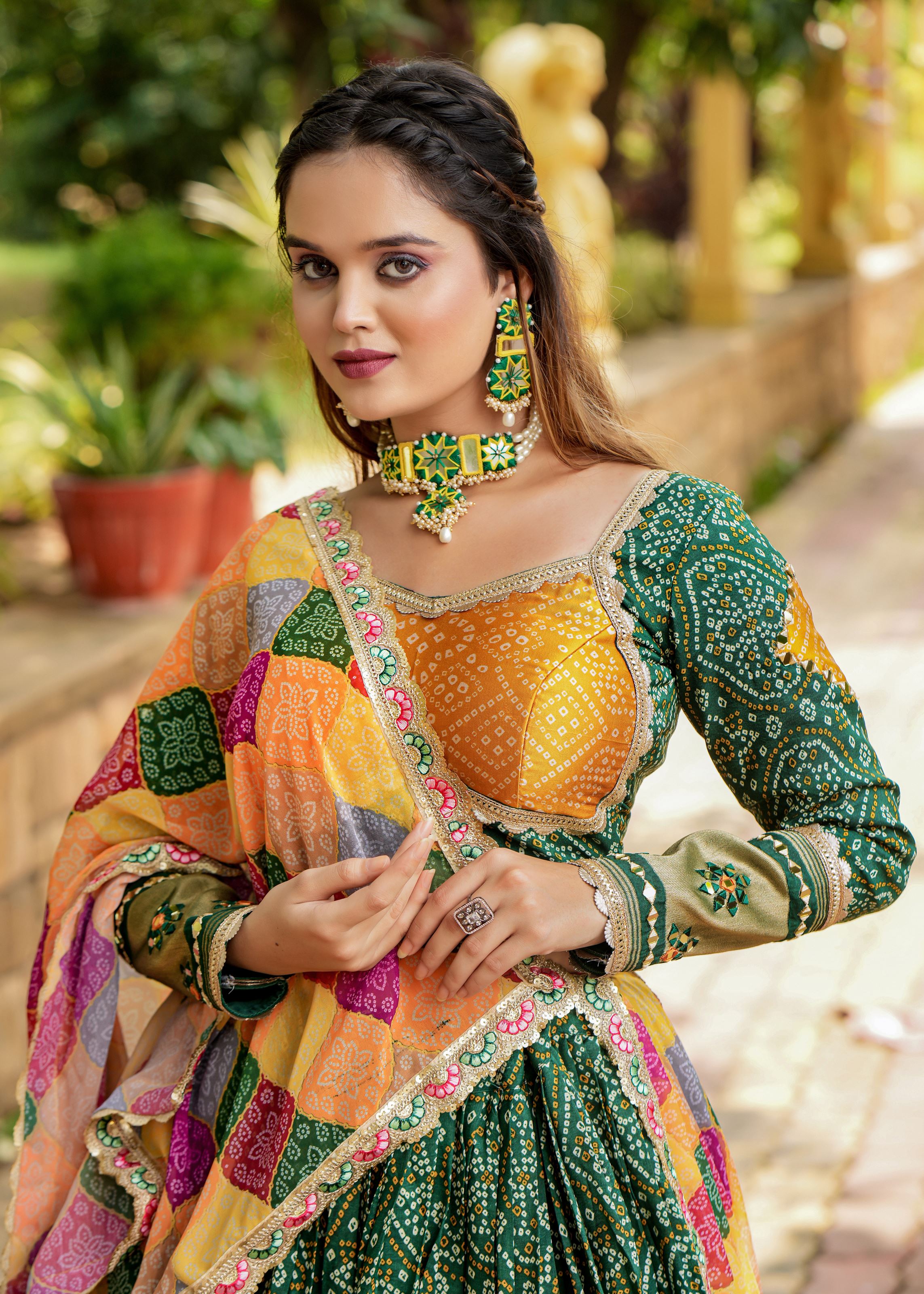 Green Lehenga Choli With Heavy Discharge Print Heavy Embroidery Thread Sequins Work