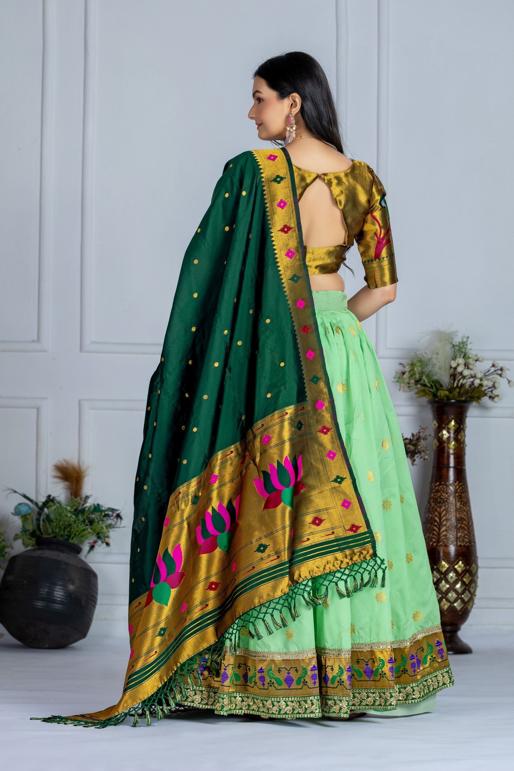 Green Lehenga Choli with Jacquard Zari Weaving & Embroidery Lace Detailing
