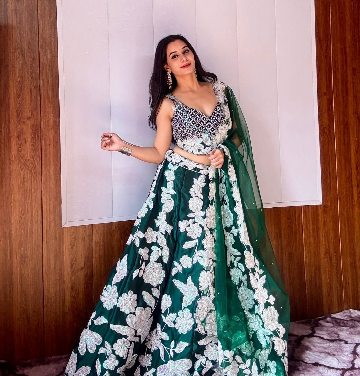 Green Lehenga Choli with Rainbow Sequins & Dori Work