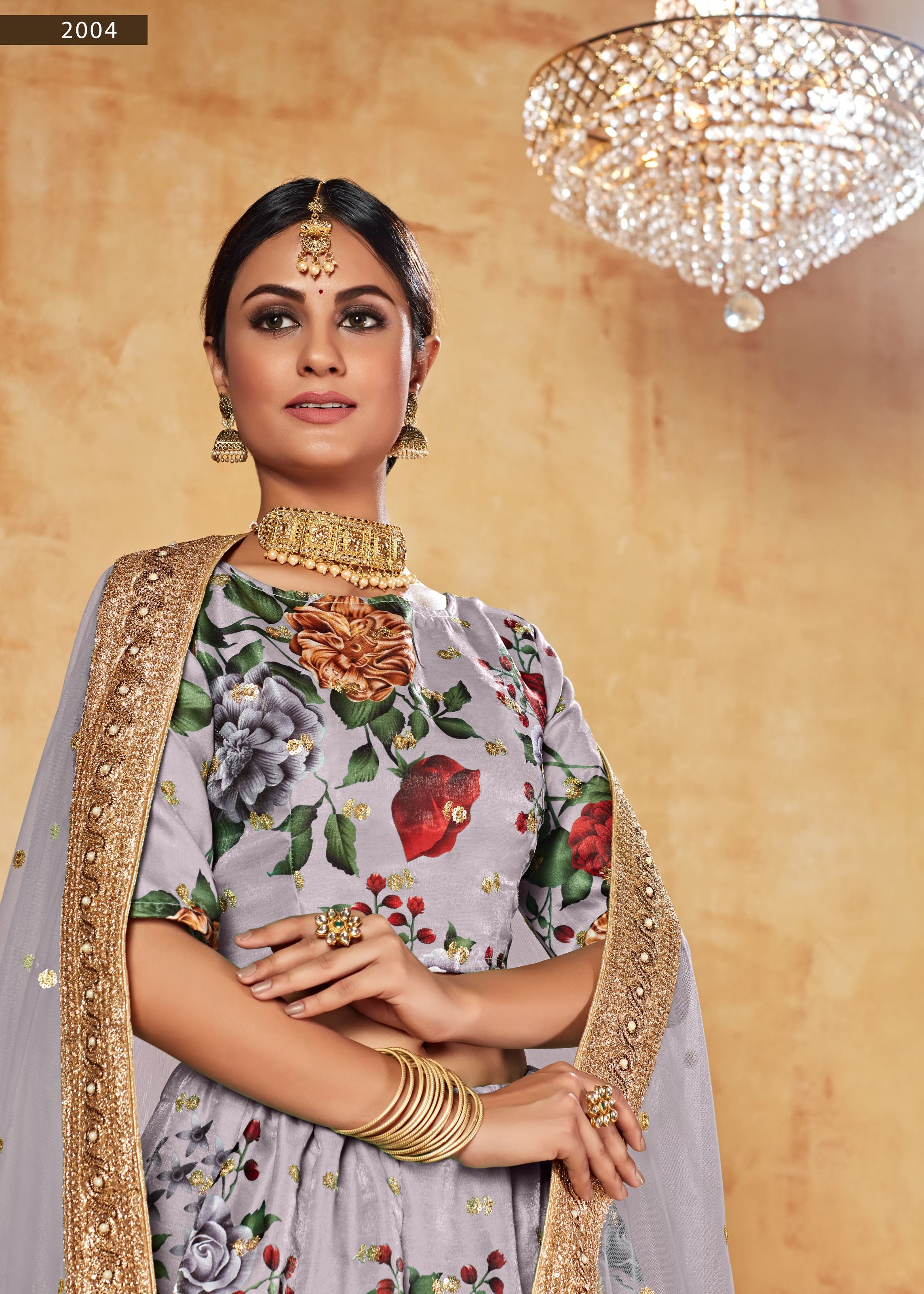 Grey Lehenga Choli With Digital Print And Dori With Jari Sequins Butti,Embroidered Border And Pearl Work