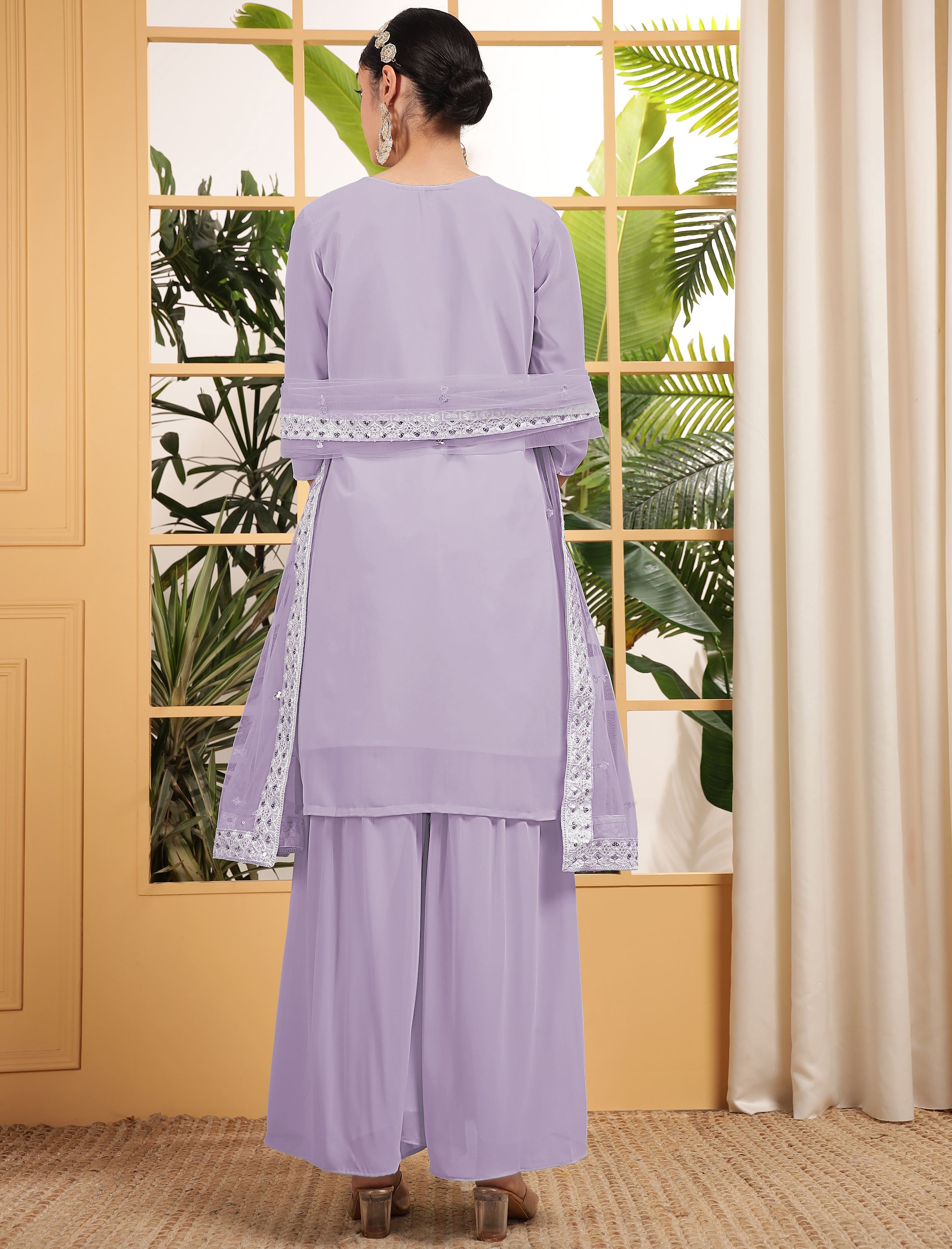 Lavender Sharara Dress With Sequence Embroidered