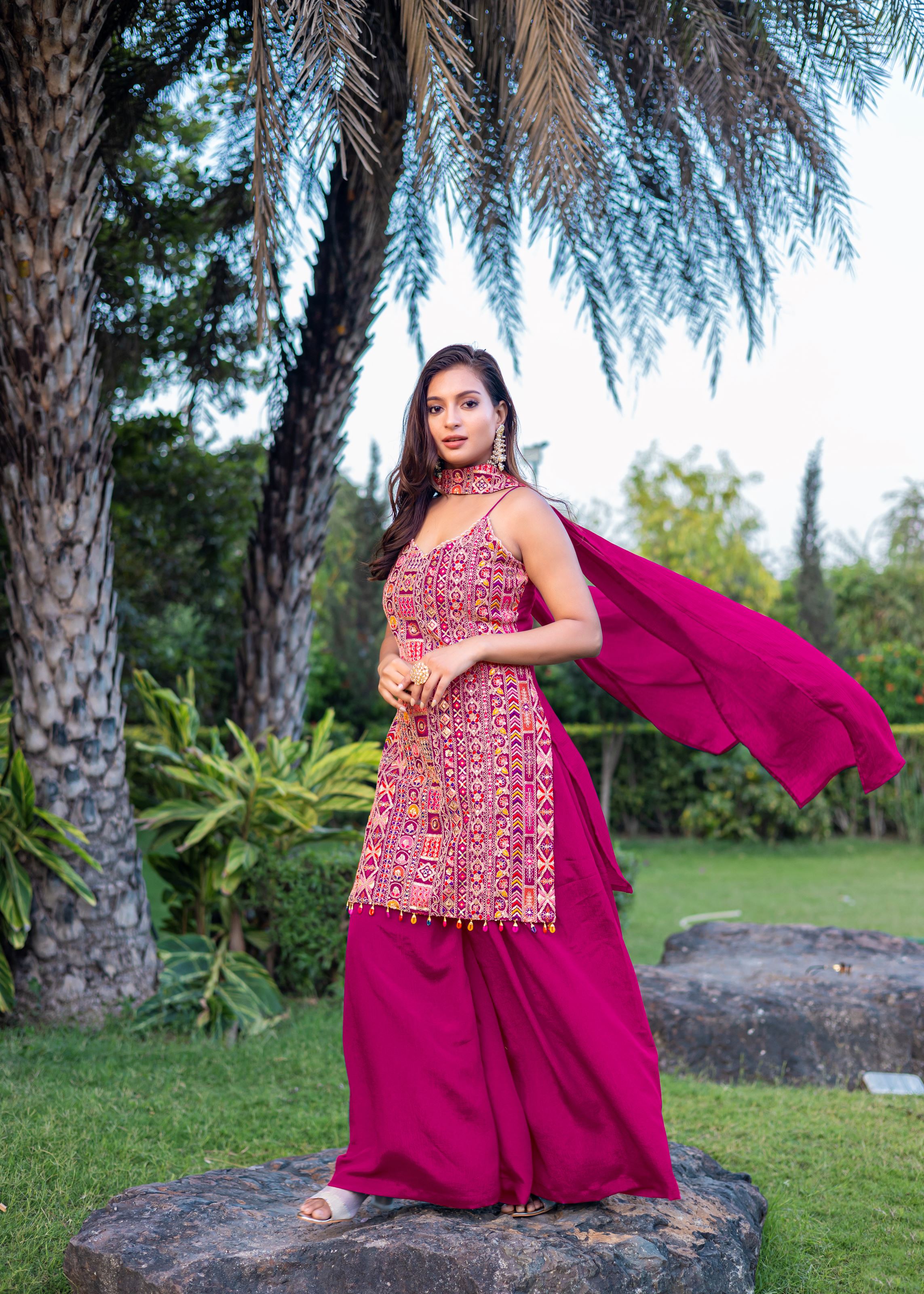Magenta Sharara Dress With Embroidery Work