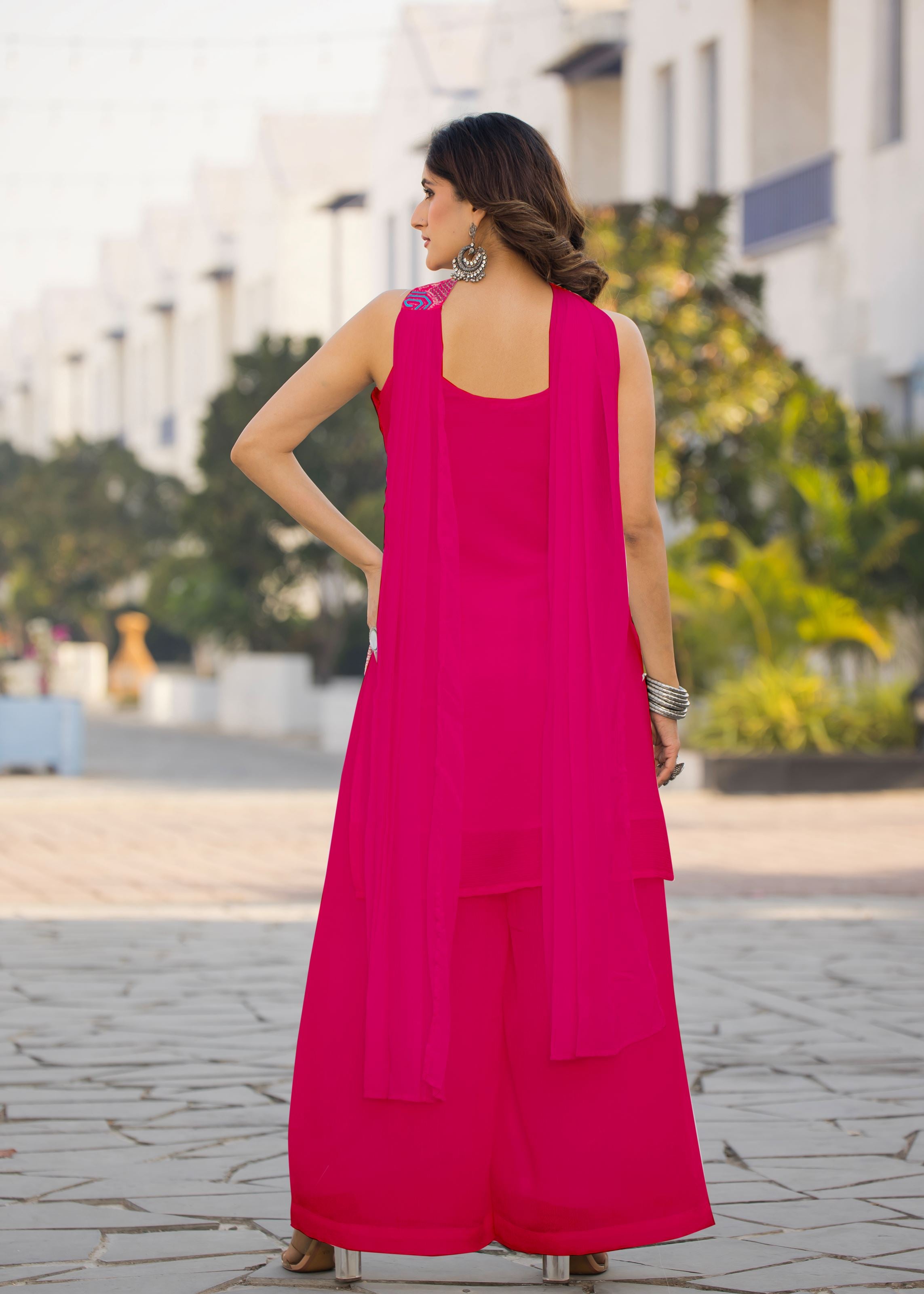 Magenta Sharara Dress With Embroidery Work