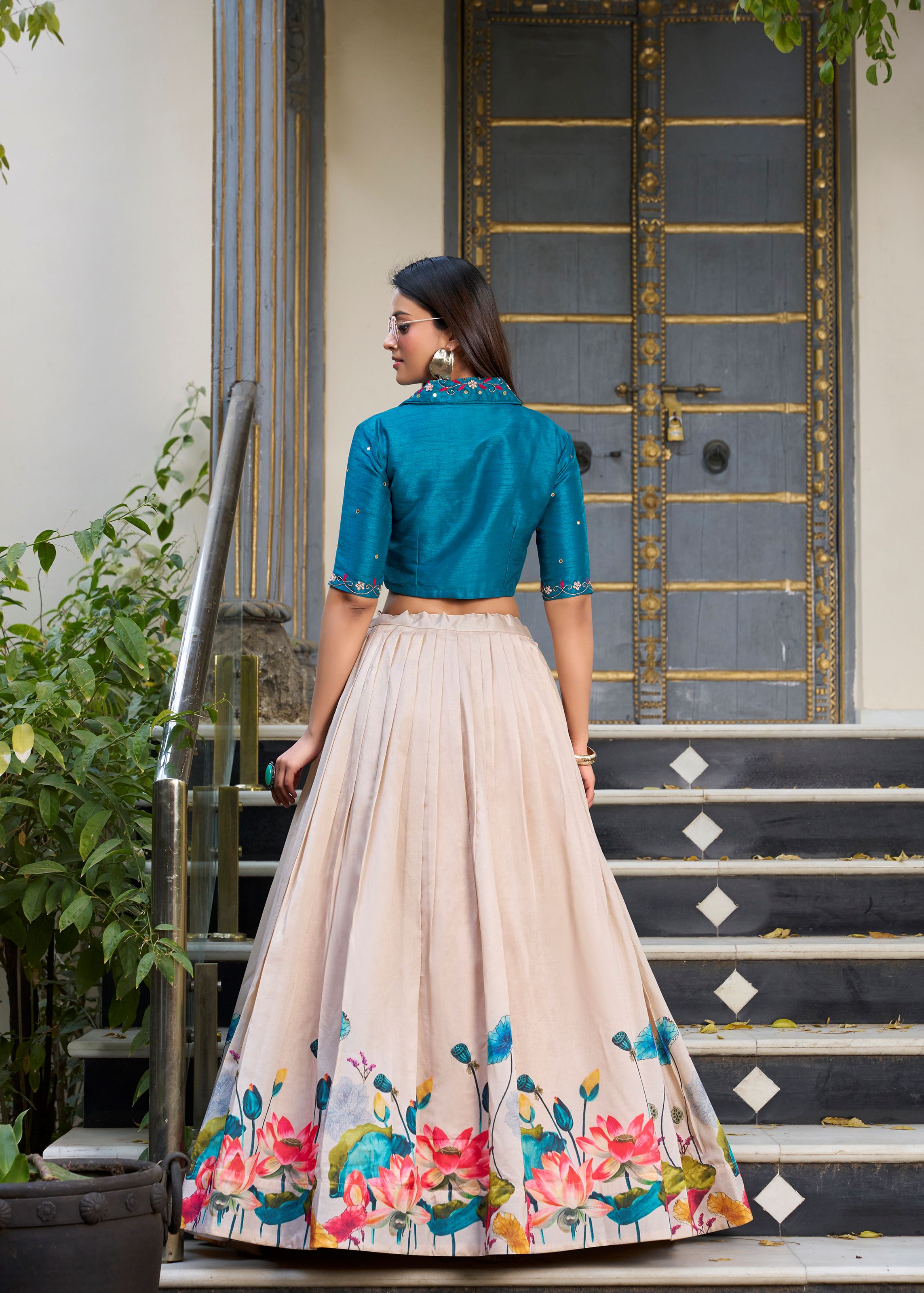 Off White Tussar Silk Lehenga with Delicate Floral Prints Ethnic Elegant