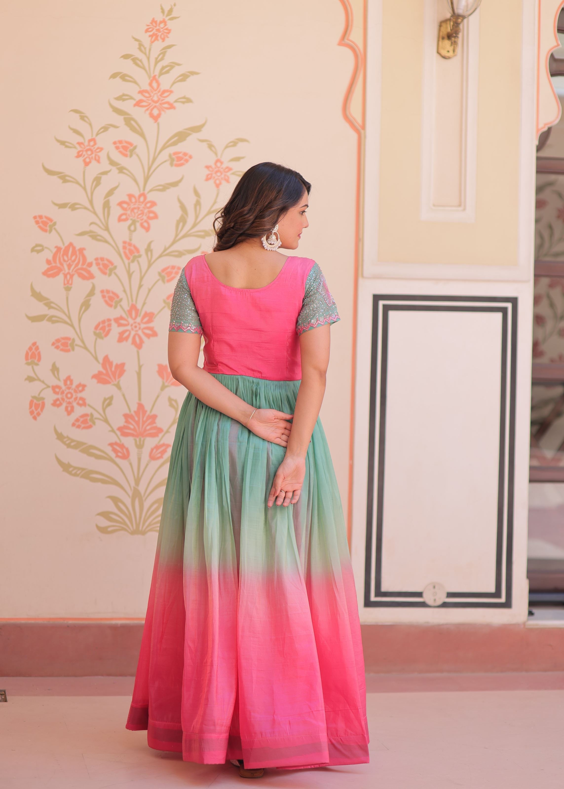 Pink Gold Crush Gown With Embroidered Work