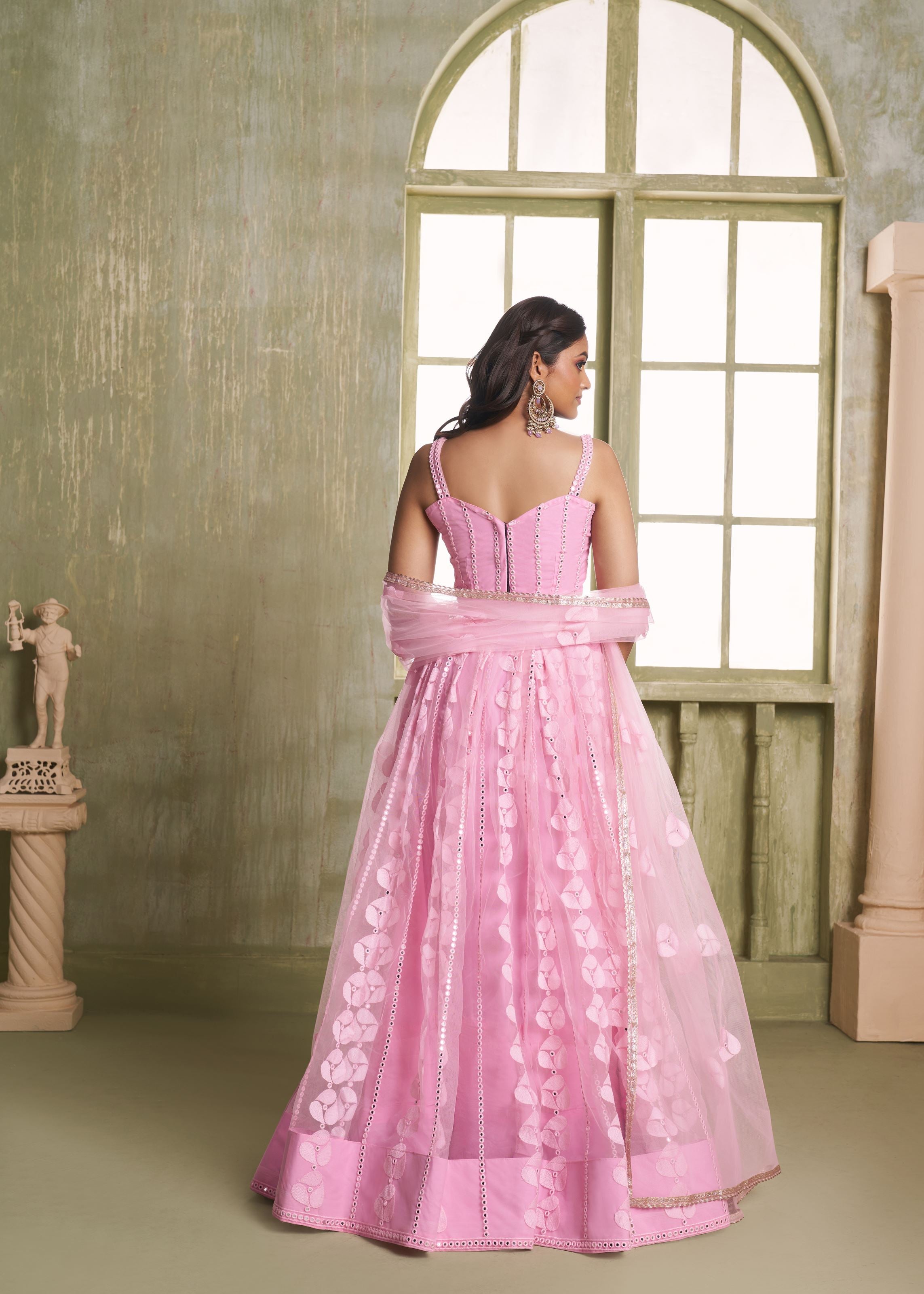 Pink Net Lehenga with Readymade Lace Tone Zari Work