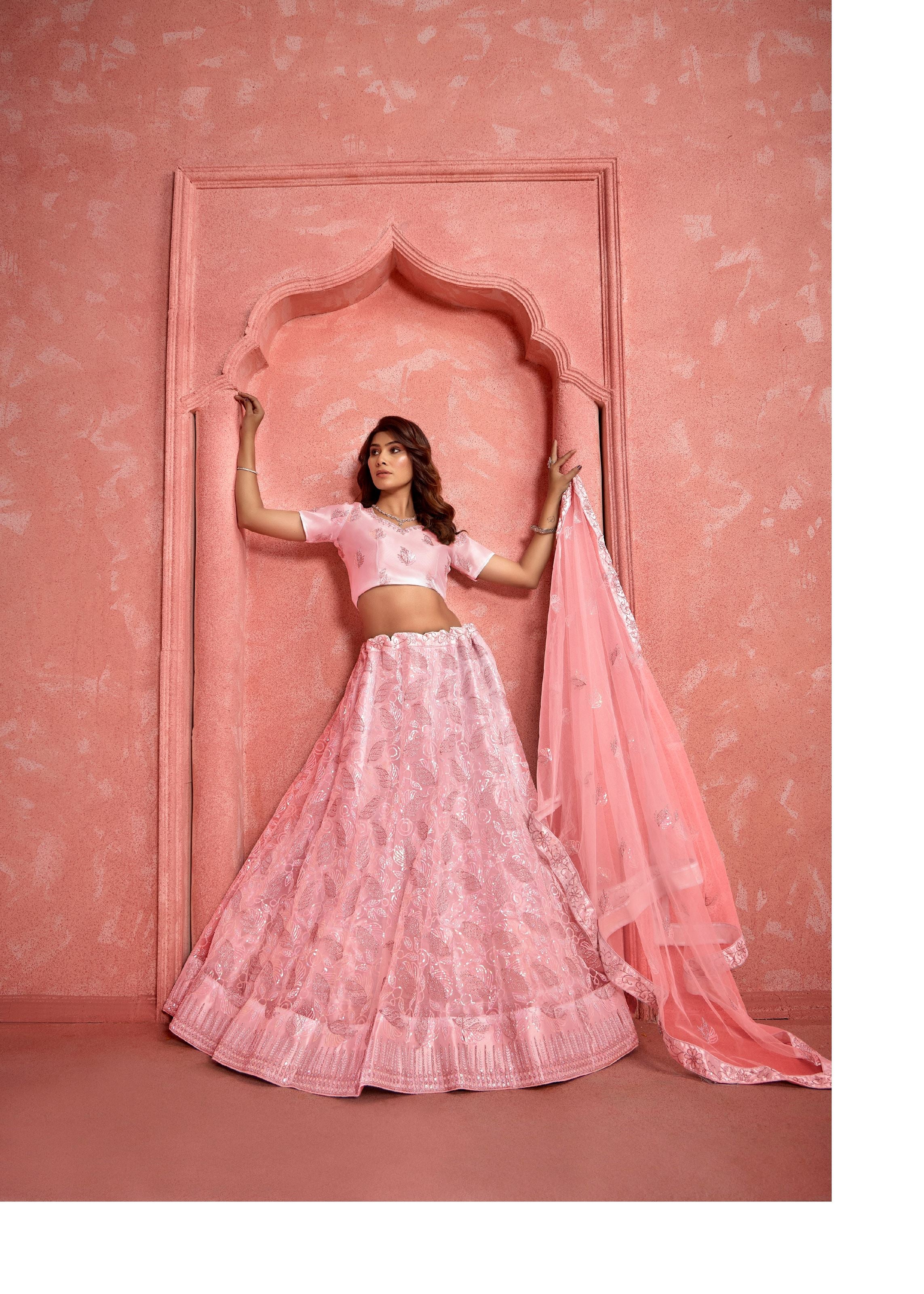 Lipgloss Pink Net Lehenga with Sequence Accents