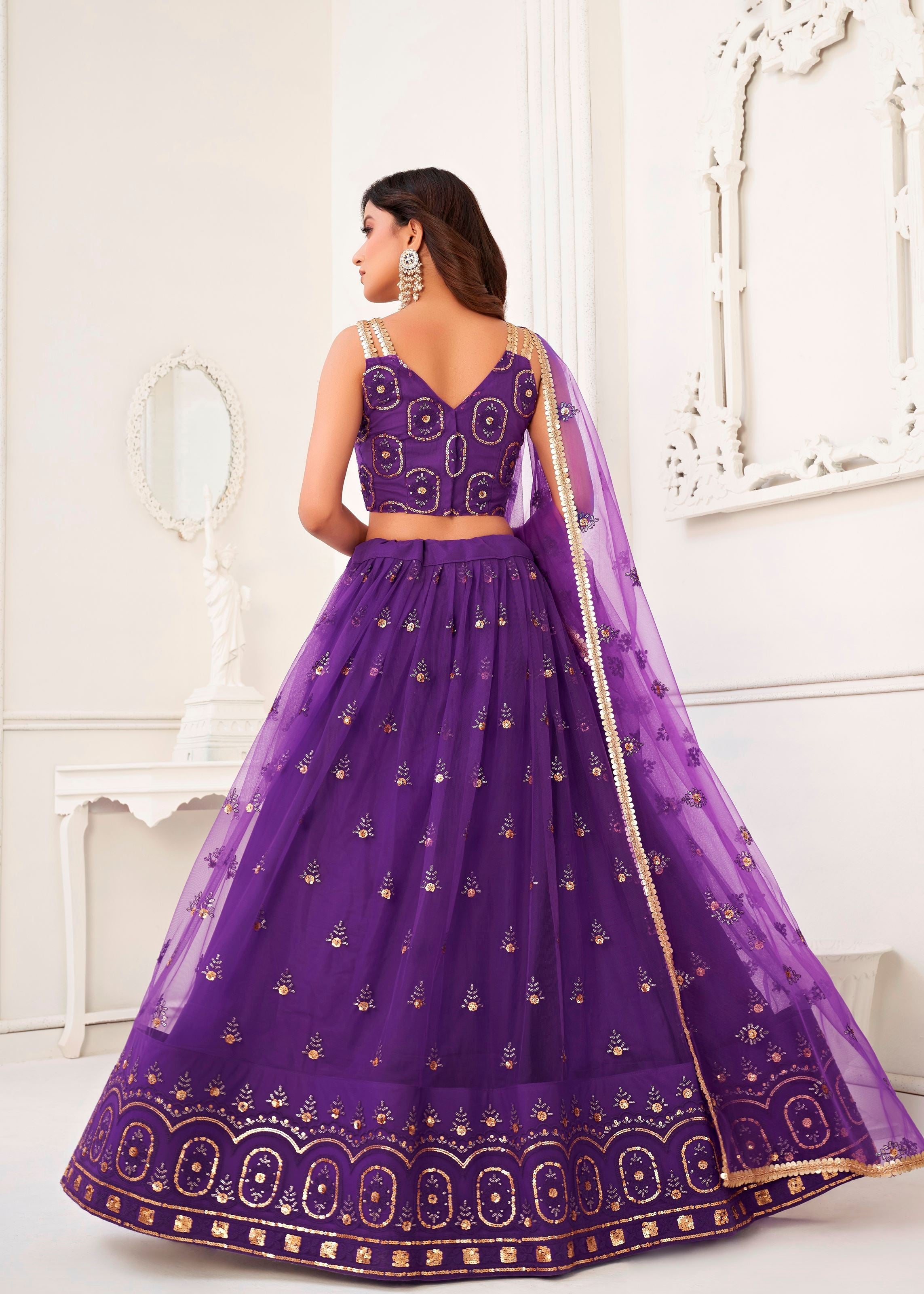 Purple Butterfly Net Lehenga Choli With Thread And Zari Sandwich Sequence Embroidery Work