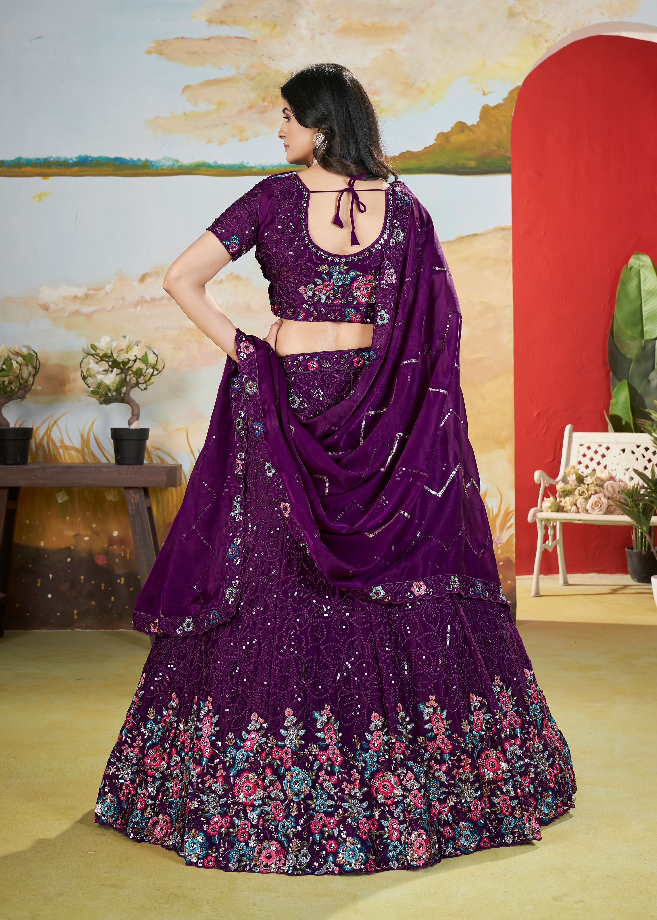 Purple Chinnon Lehenga with Copper Sequin Floral Threadwork