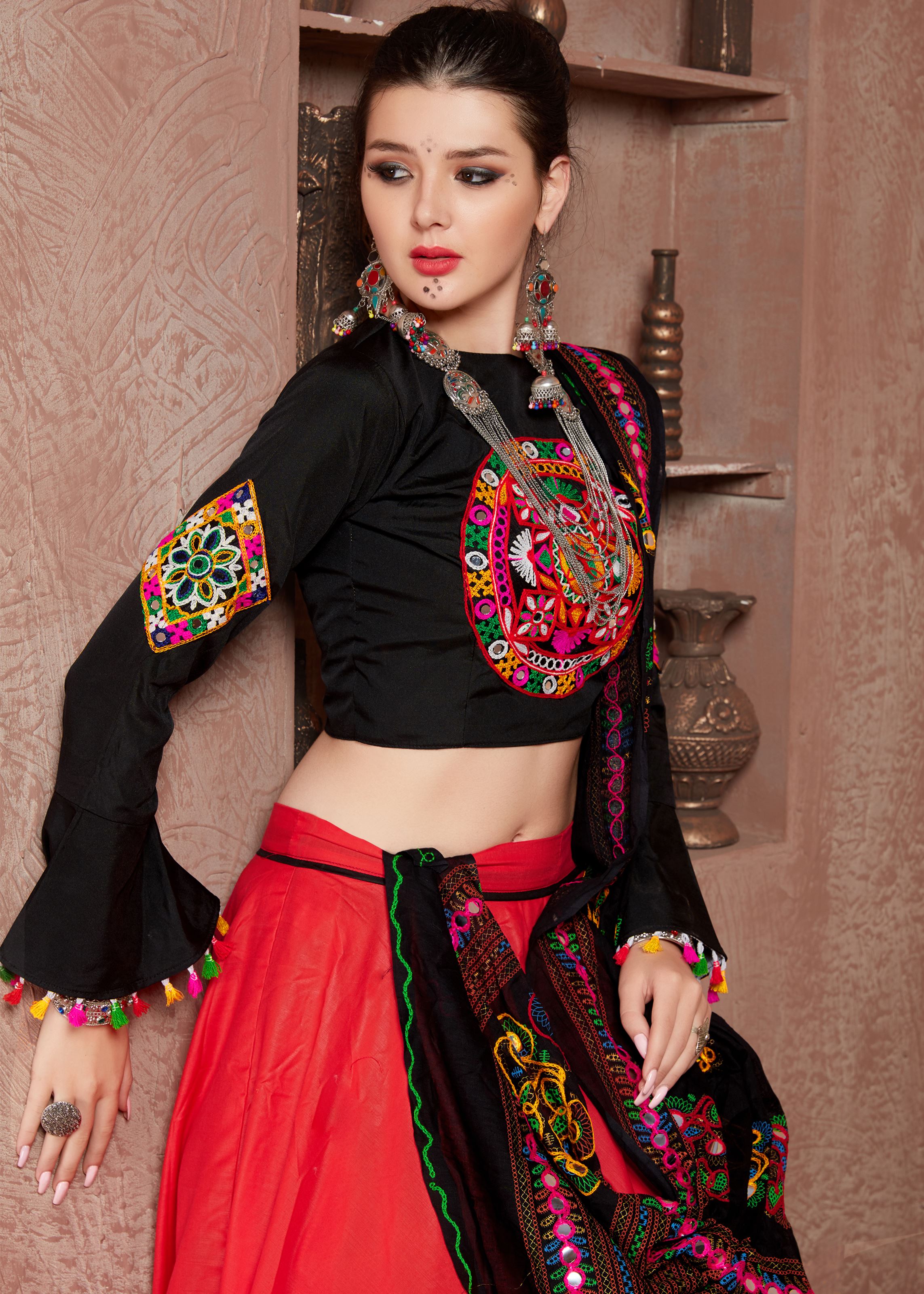 Red And Black Navratri Chaniya Choli With Gamthi Work Butta And Tassels Lace