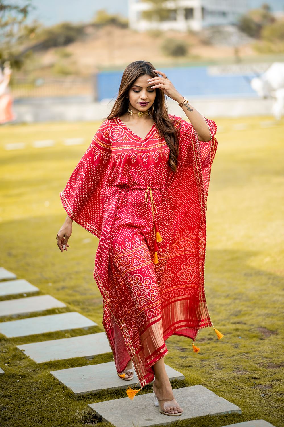 Red Color Pure Gaji Silk Kaftan with Gotta Patti Tassels