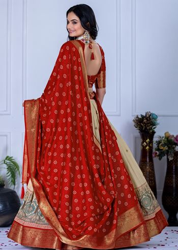 Beige Lehenga Choli With Jacquard With Jari Lining With Print