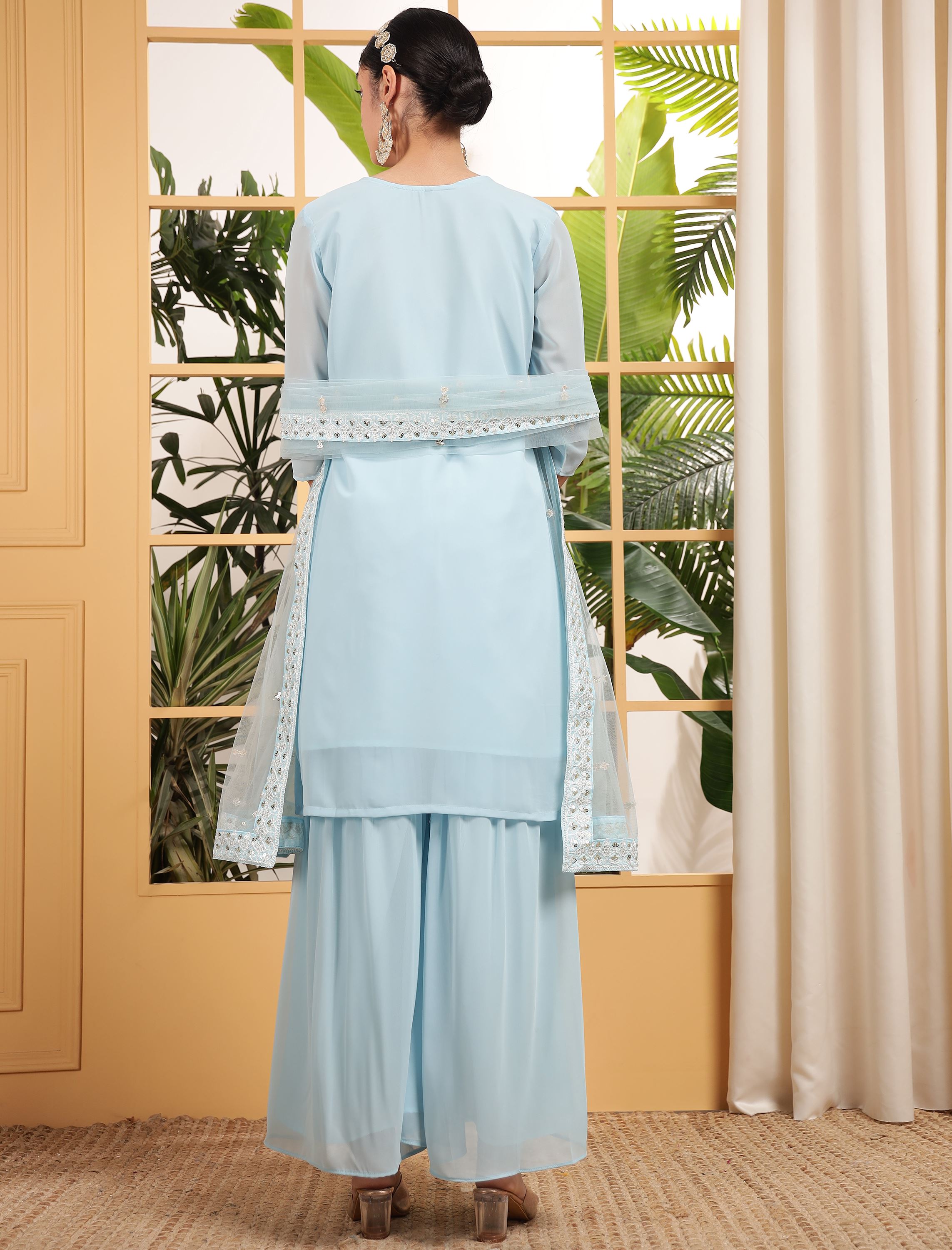 Sky Sharara Dress With Sequence Embroidered