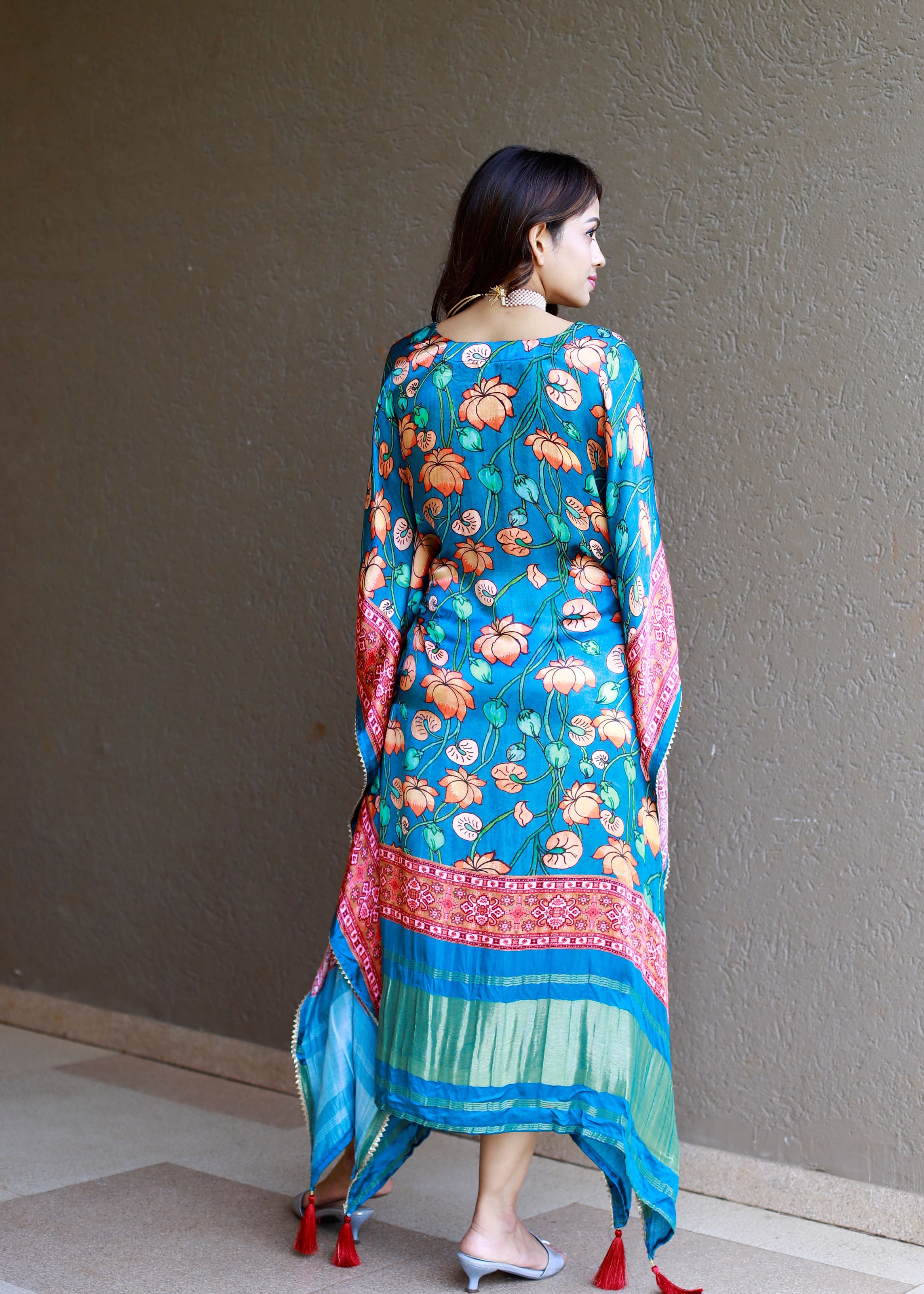 Teal Color Pure Gaji Silk Kaftan with Gotta Patti Tassels