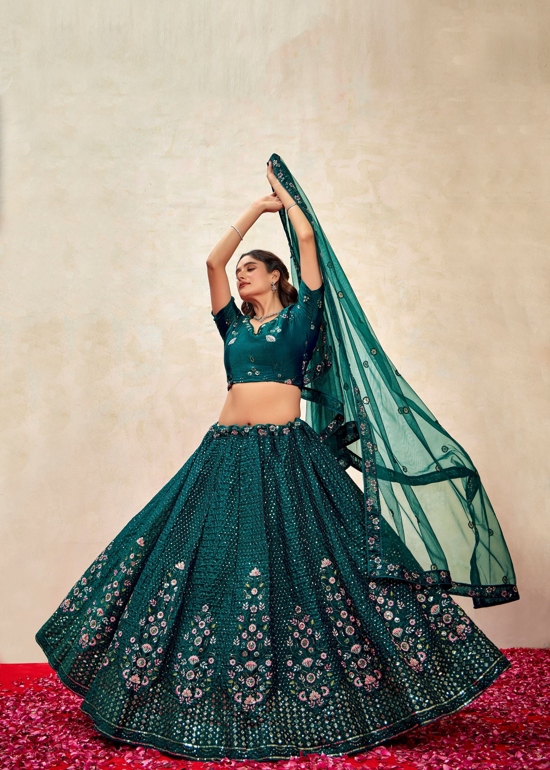 Teal Green Silk Lehenga with Bold Sequin Embroidery