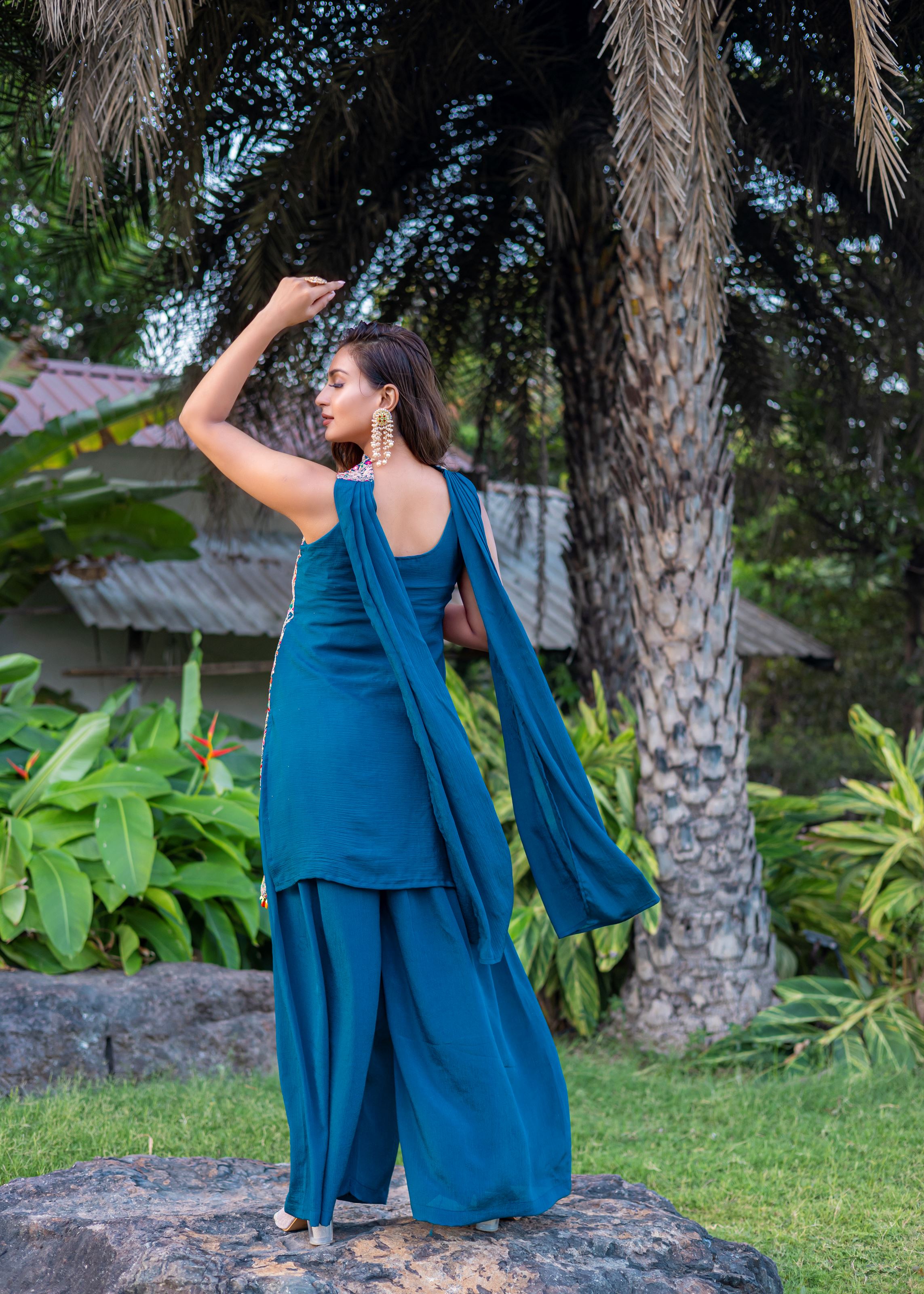 Teal Sharara Dress With Embroidery Work