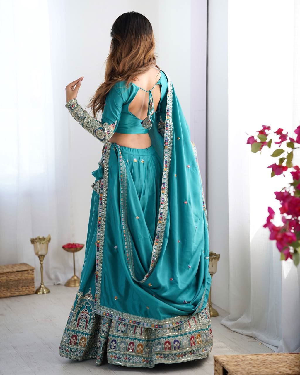 Tealblue Lehenga Choli With Coding Dori With Thread Sequnce Work