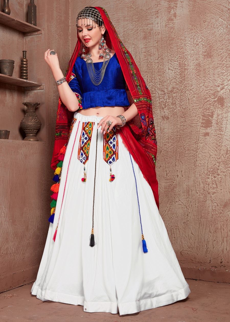 White And Blue Navratri Chaniya Choli With Gamthi Work Butta And Tassels Lace