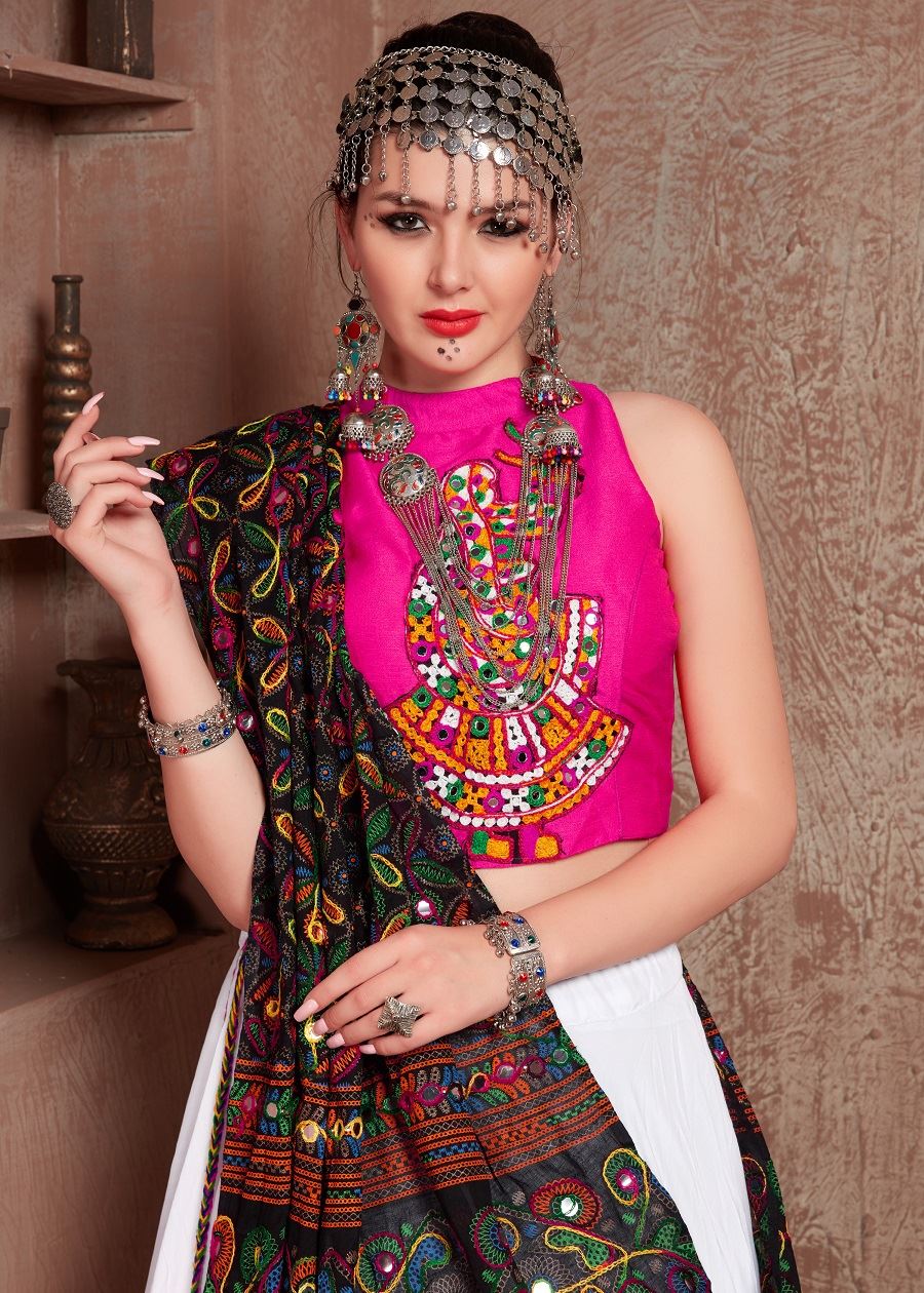 White And Pink Navratri Chaniya Choli With Gamthi Work Butta And Tassels Lace