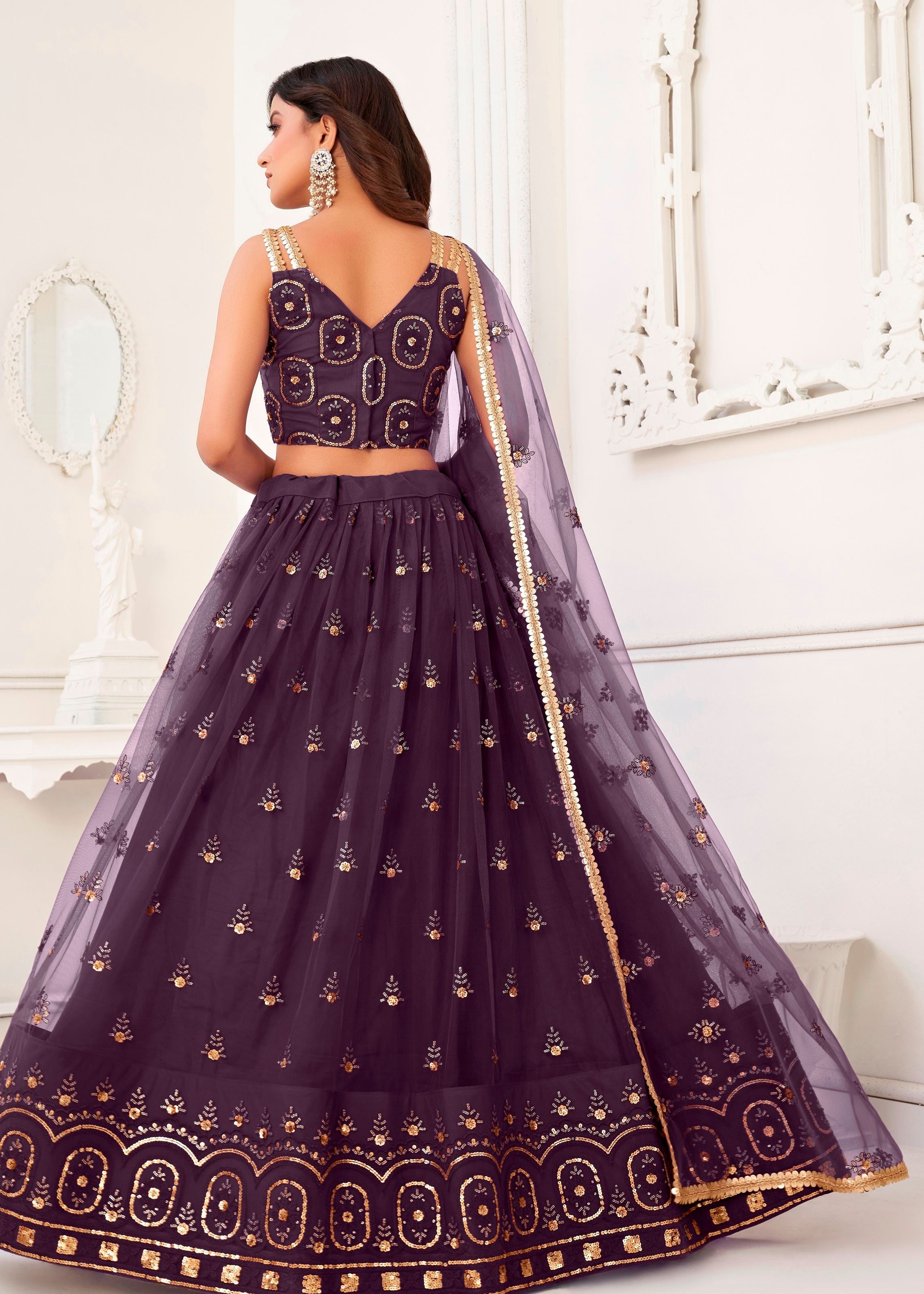 Wine Butterfly Net Lehenga Choli With Thread And Zari Sandwich Sequence Embroidery Work
