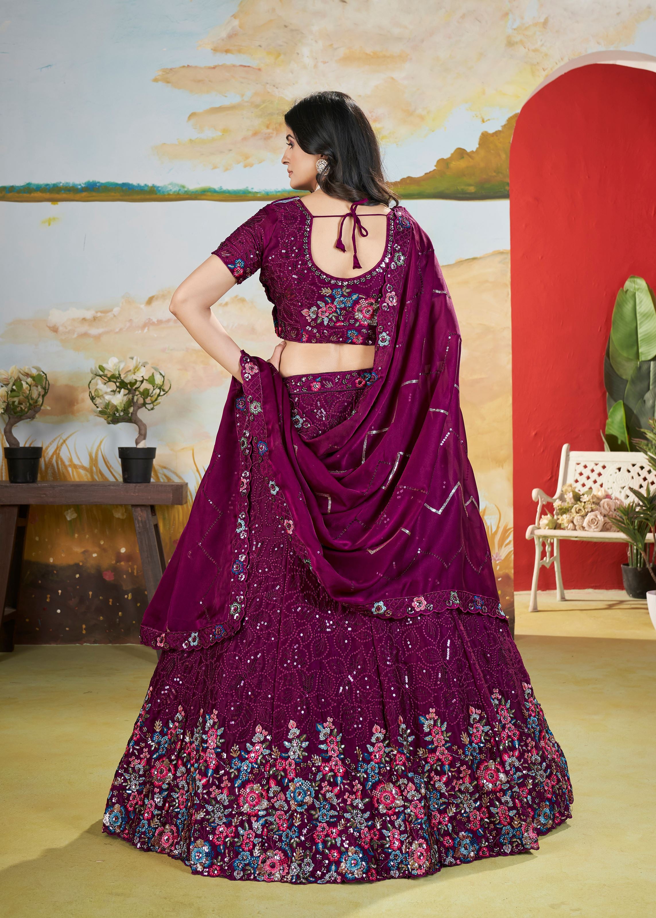 Wine Chinnon Lehenga with Floral Pattern Sequin Work