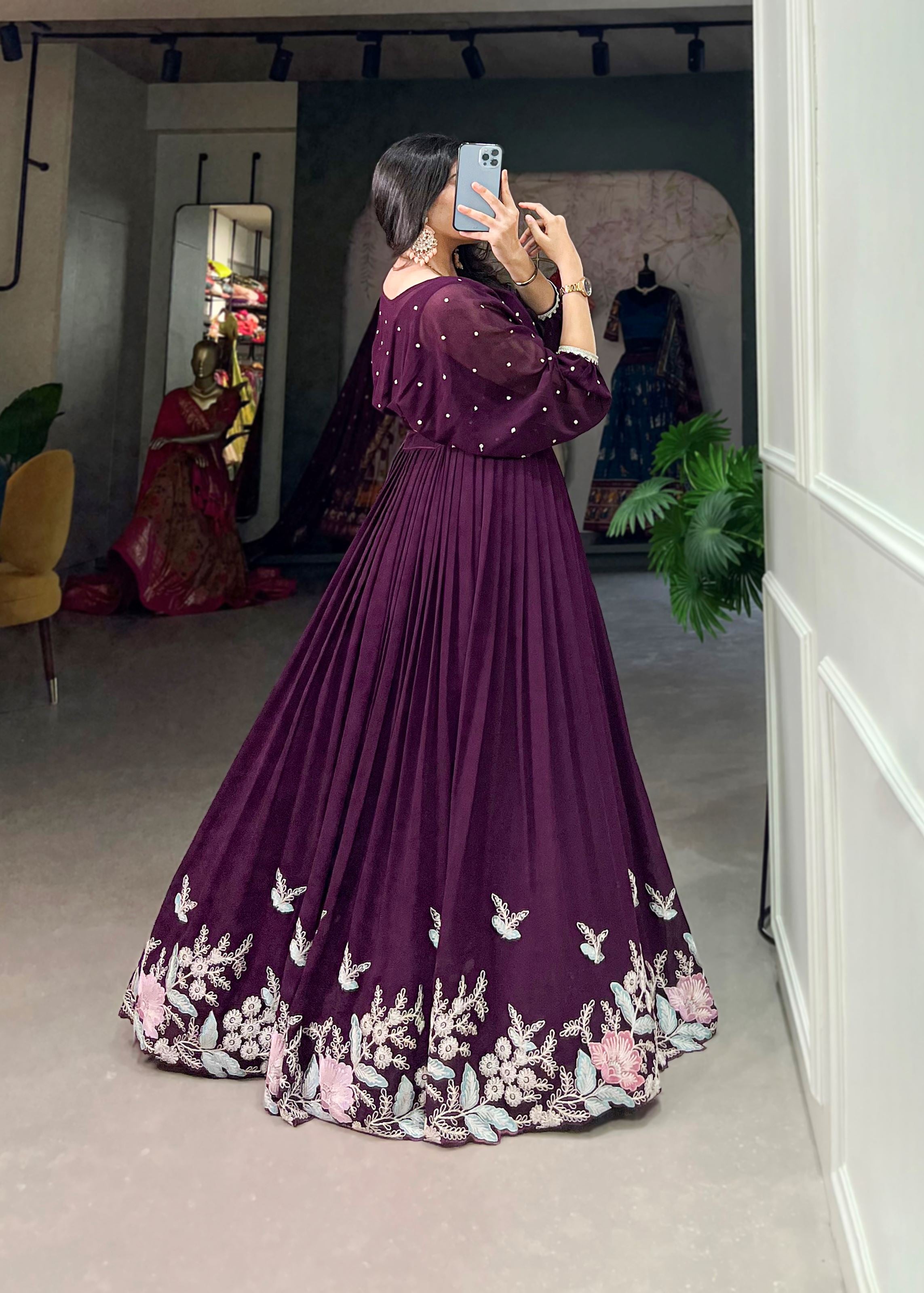 Wine Georgette Lehenga with Sequin and Thread Detailing Light Elegant