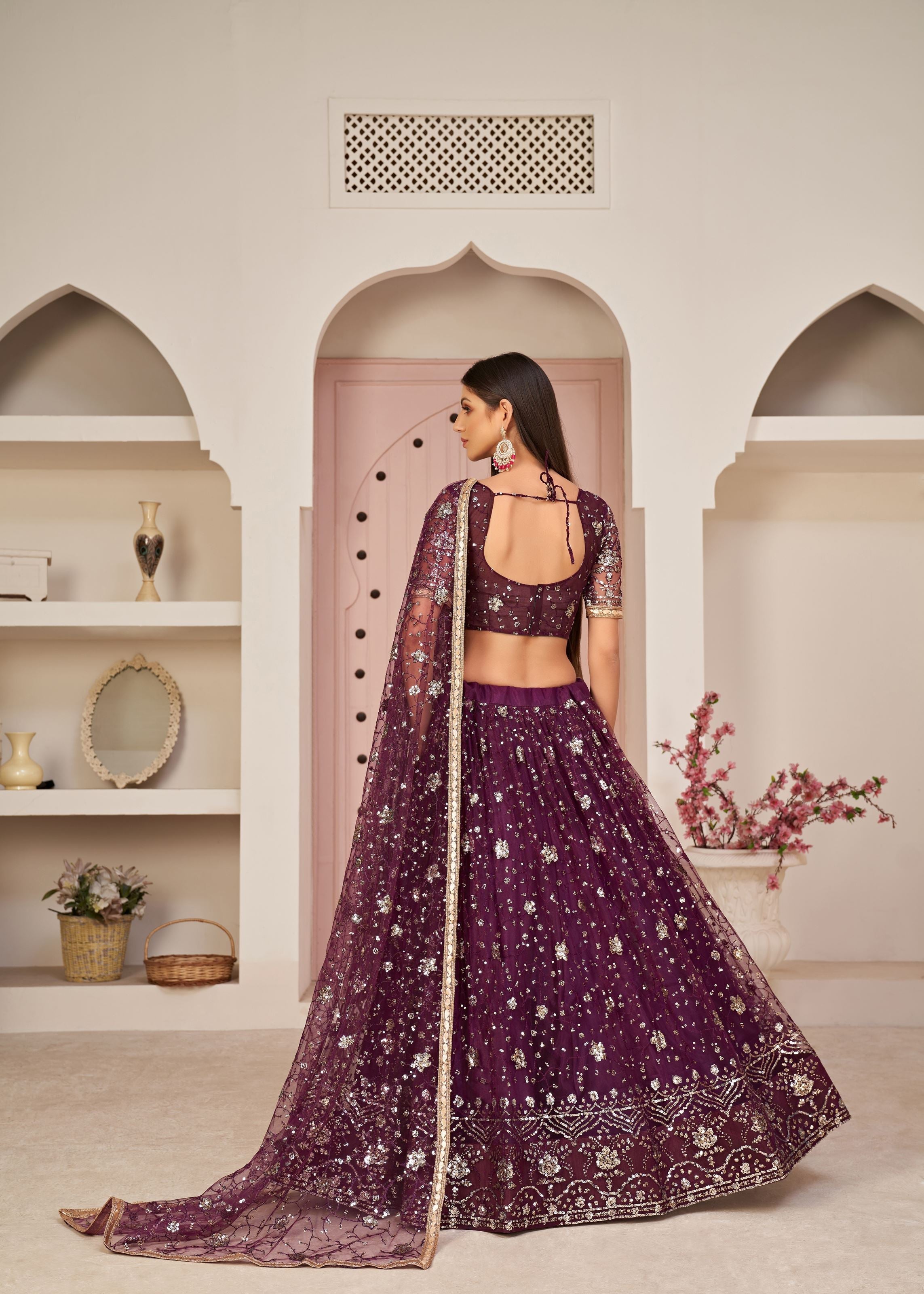 Wine Net Lehenga Choli With Thread Embroidery Work