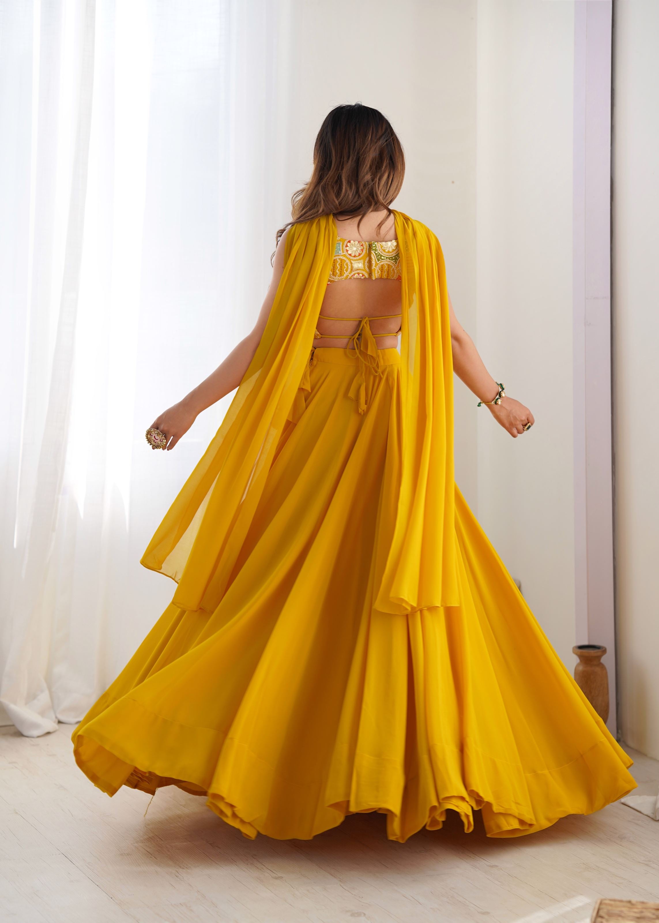 Yellow Georgette Lehenga with 9 Needle Thread Dori Embroidery