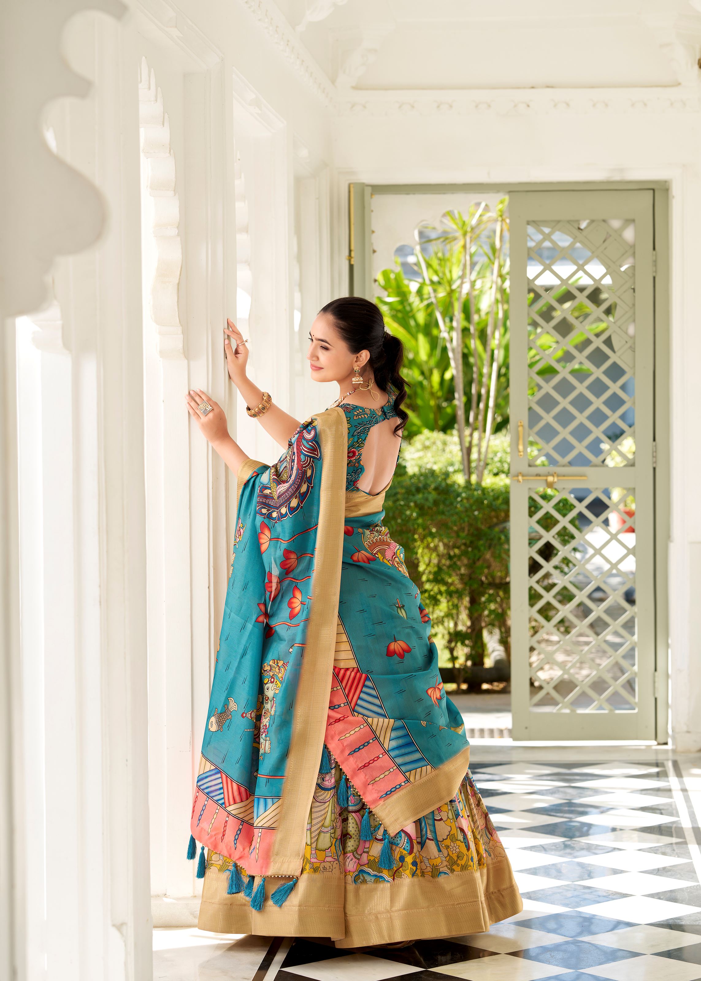 Yellow Kalamkari Charm on Luxurious Dola Silk Lehenga with Woven Borders