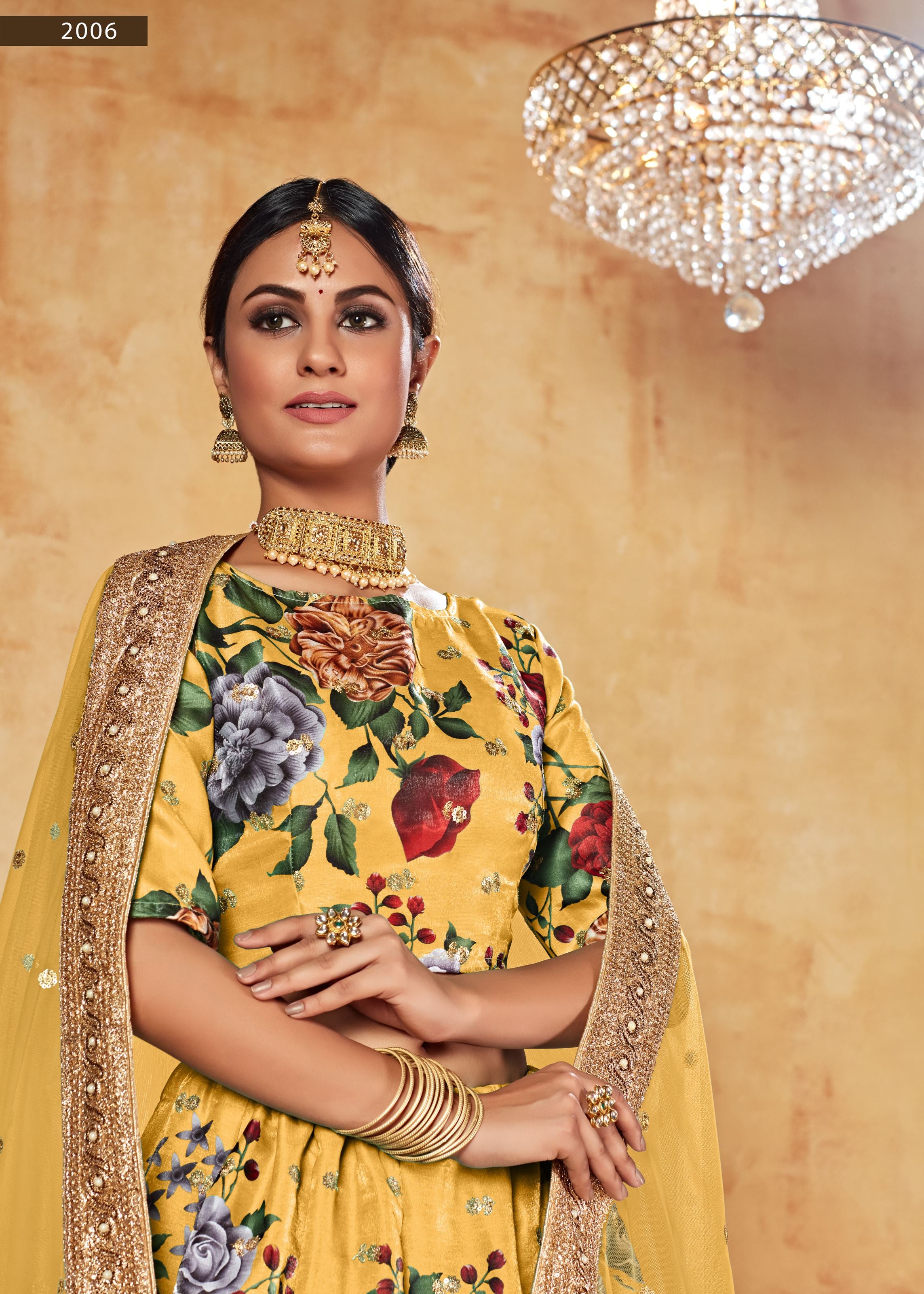 Yellow Lehenga Choli With Digital Print And Dori With Jari Sequins Butti,Embroidered Border And Pearl Work