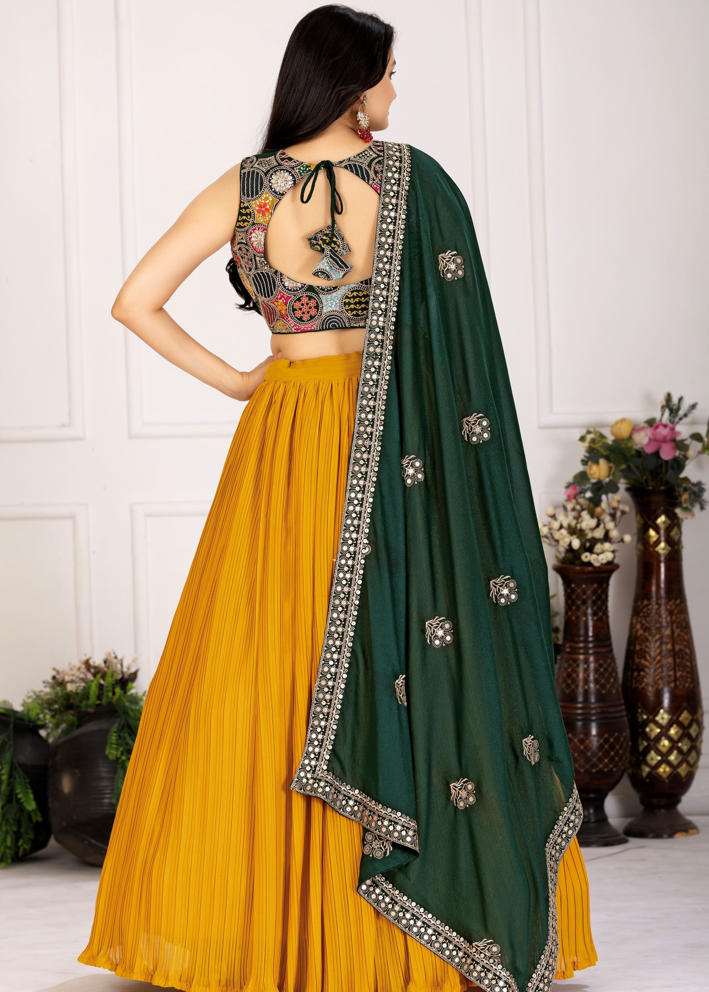 Yellow Lehenga Choli With Plain With Crease Work