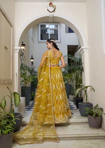 Yellow Net Lehenga Choli With Thread Embroidery Work