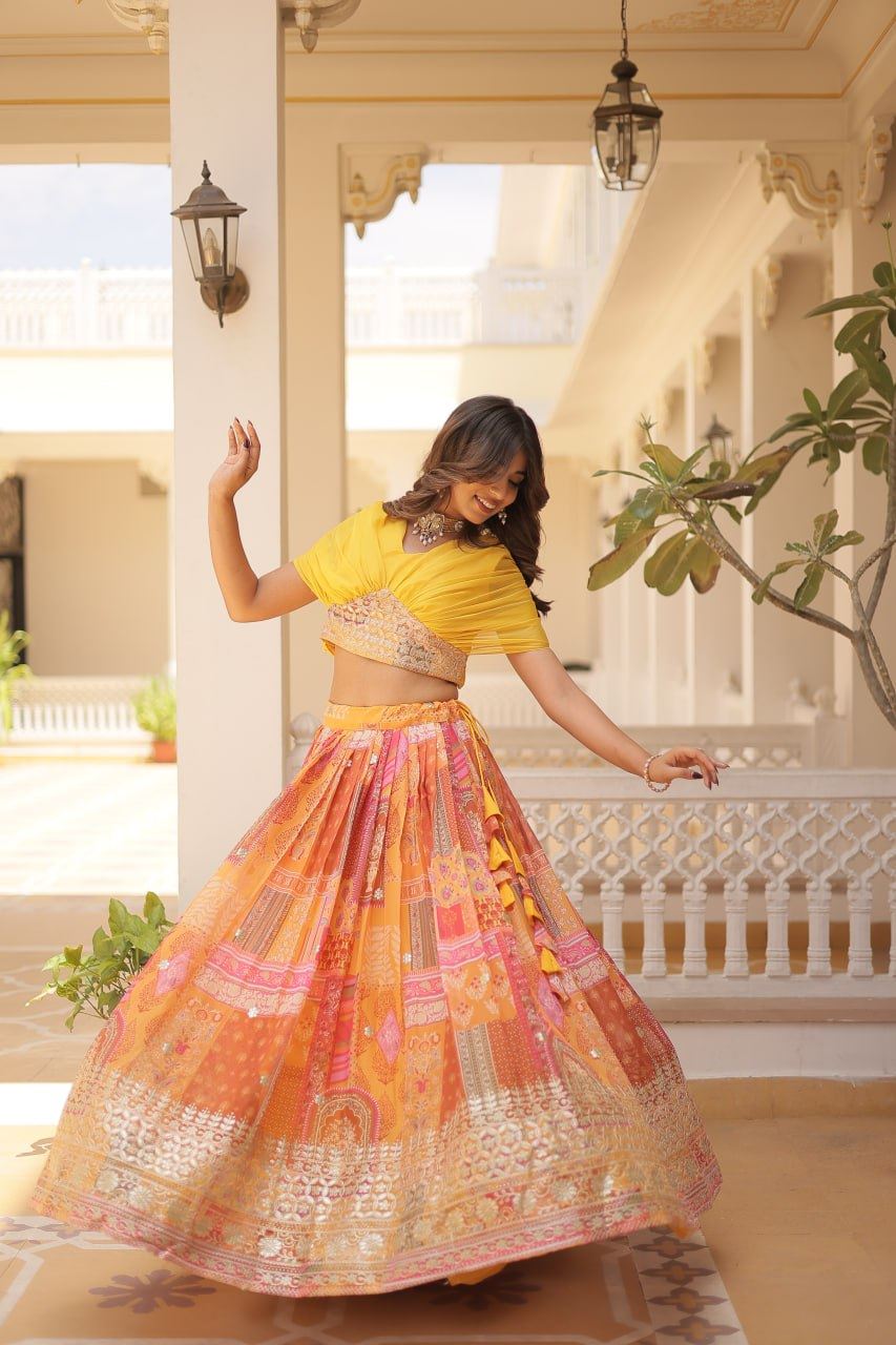 Yellow Russian Silk Lehenga Choli With Digital Print With Foil Embroidery Work
