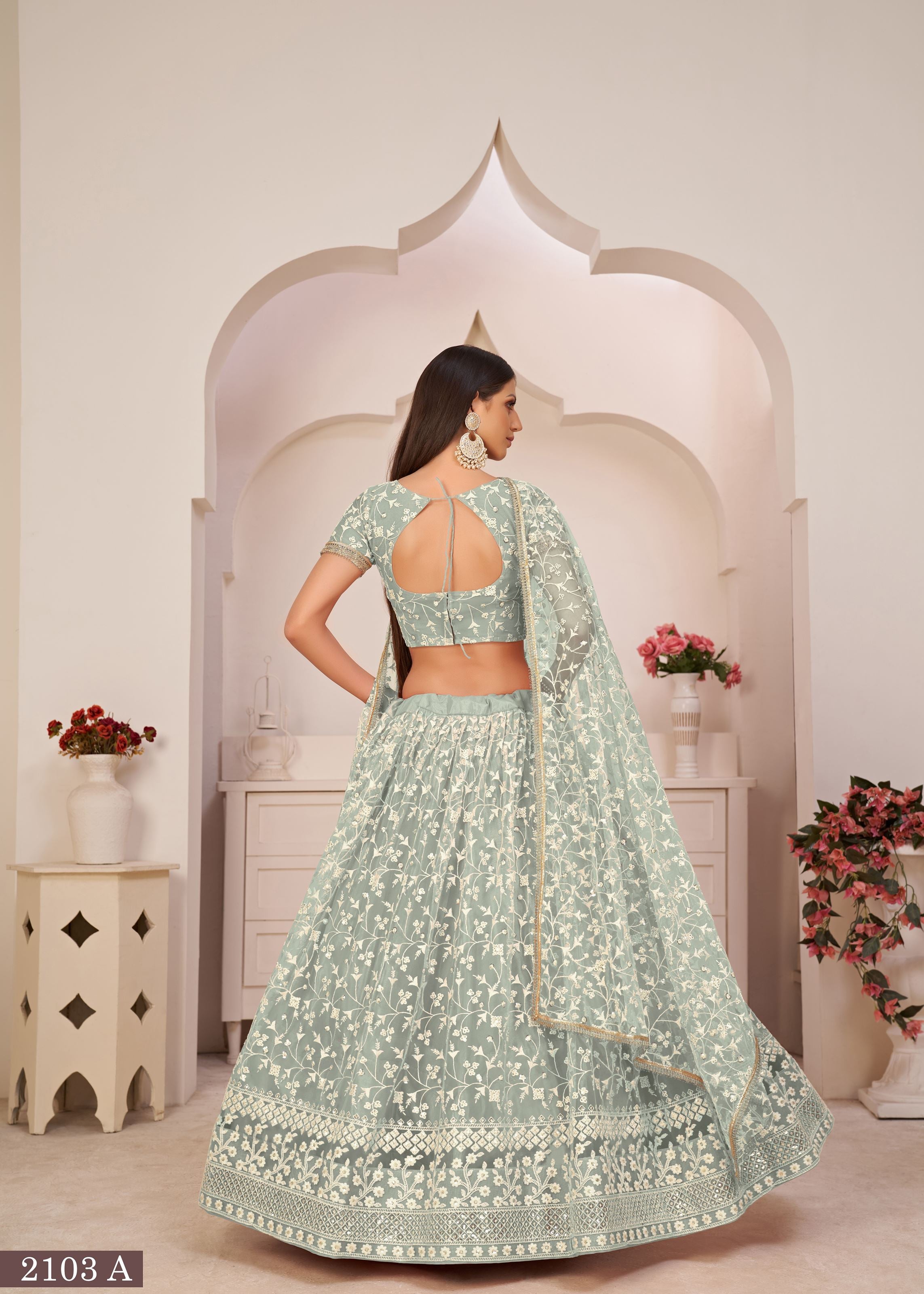 Green Net Lehenga Choli With Thread And Zari Sandwich Sequence Embroidery Work