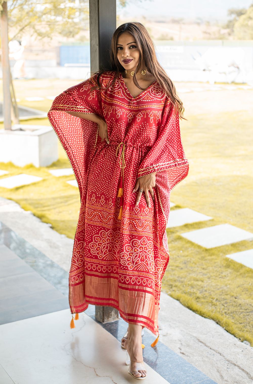 Red Color Pure Gaji Silk Kaftan with Gotta Patti Tassels