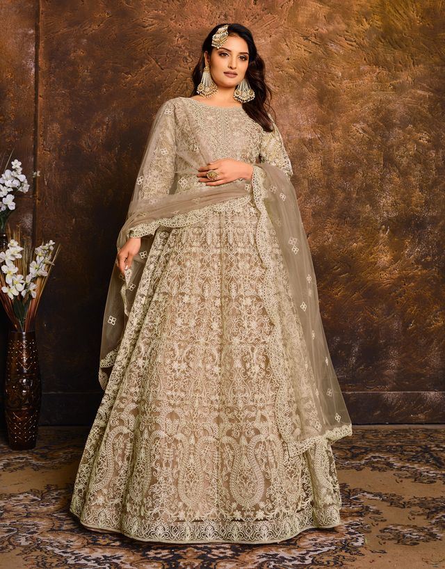 Beige Net Heavy Thread Embroidery Work Anarkali Suits