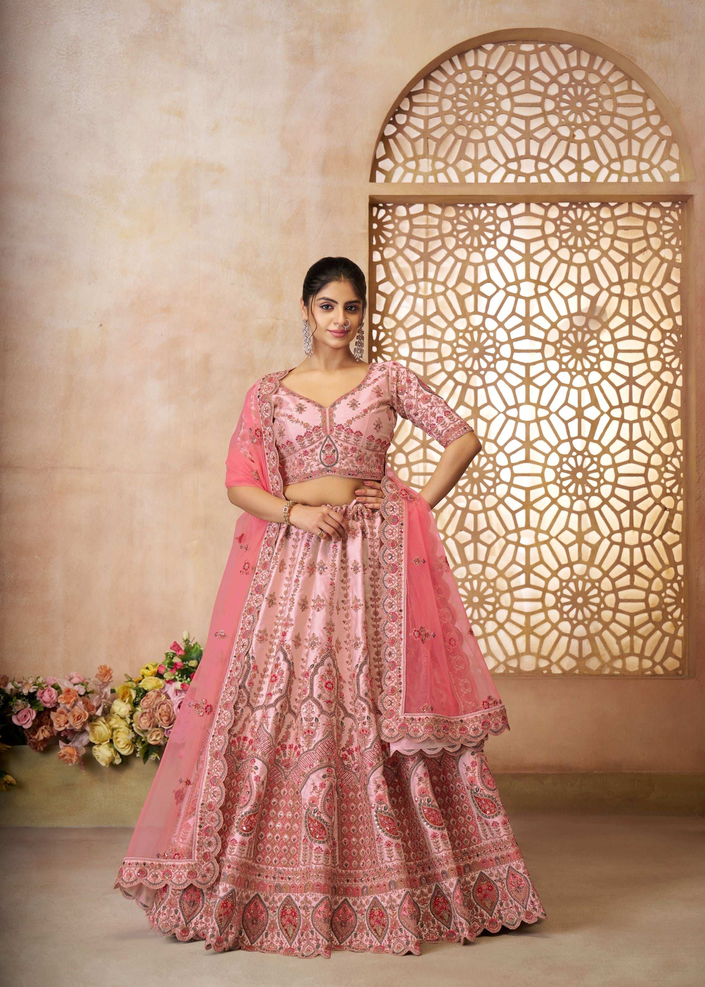 Adorable Pink Silk Embroidery Wedding Wear Lehenga Choli