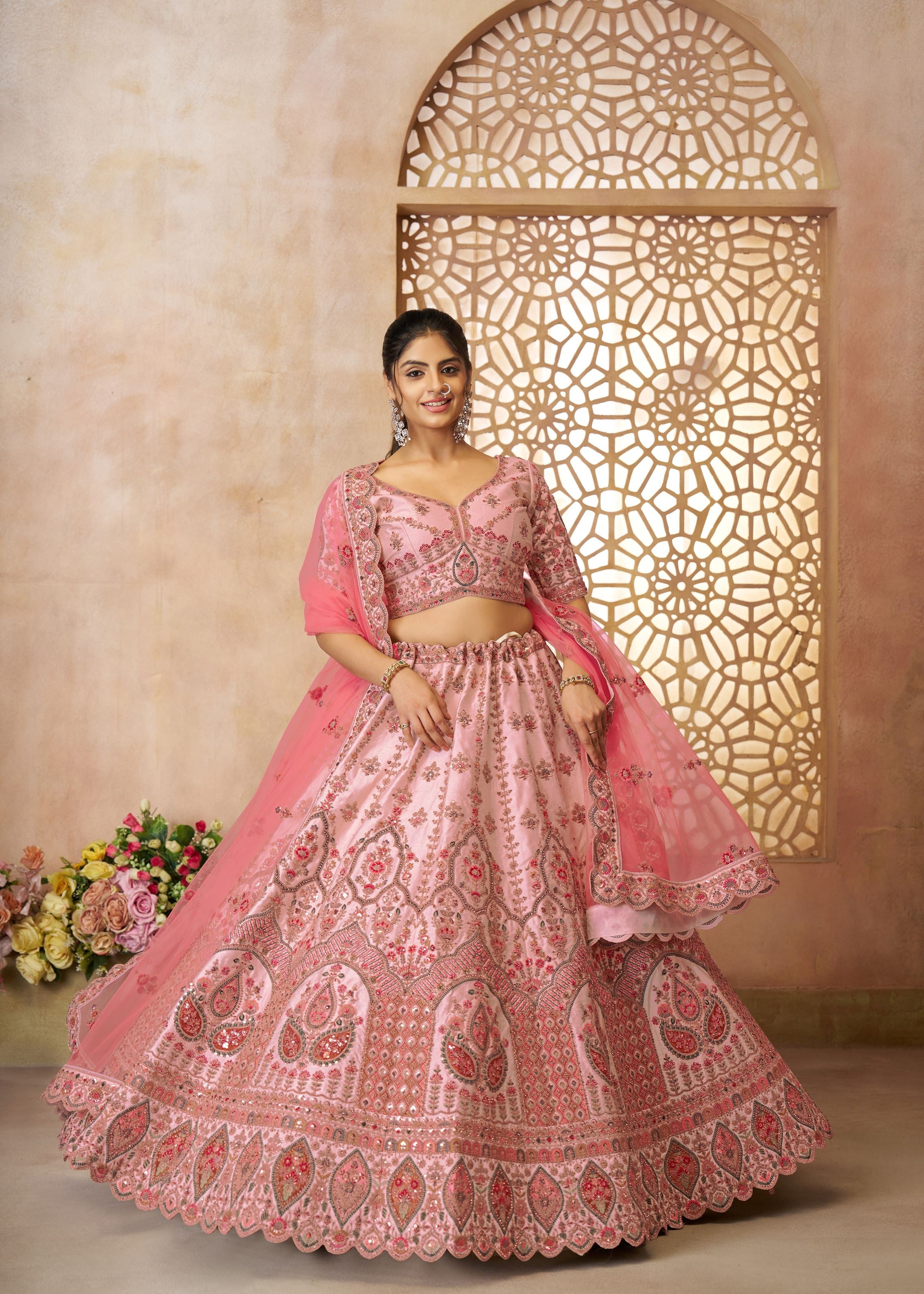 Adorable Pink Silk Embroidery Wedding Wear Lehenga Choli