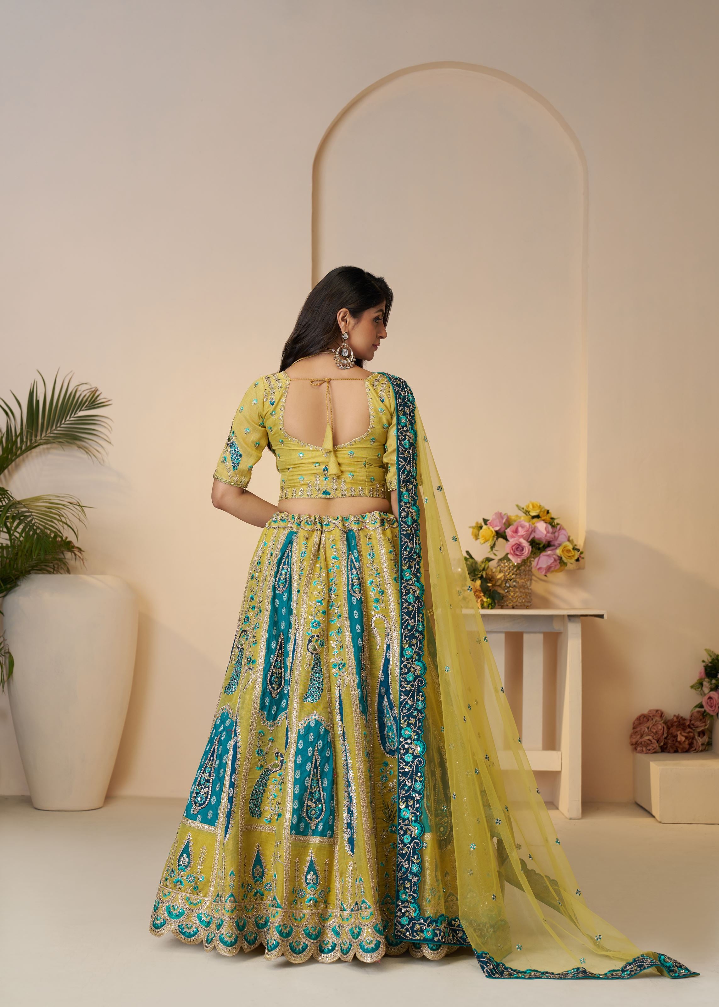 Alluring Bel Butti Pattern Golden Sangeet Lehenga Choli