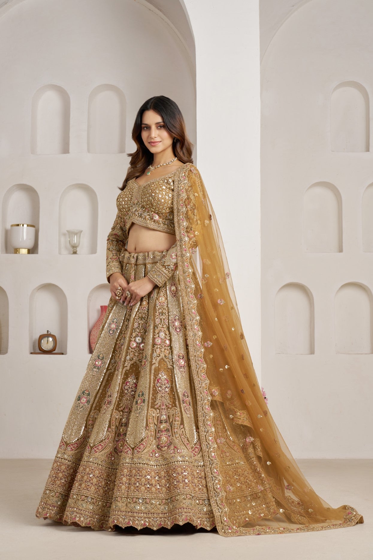 Antique Gold Net Royal Bridal Lehenga Choli with Designer Embellishments