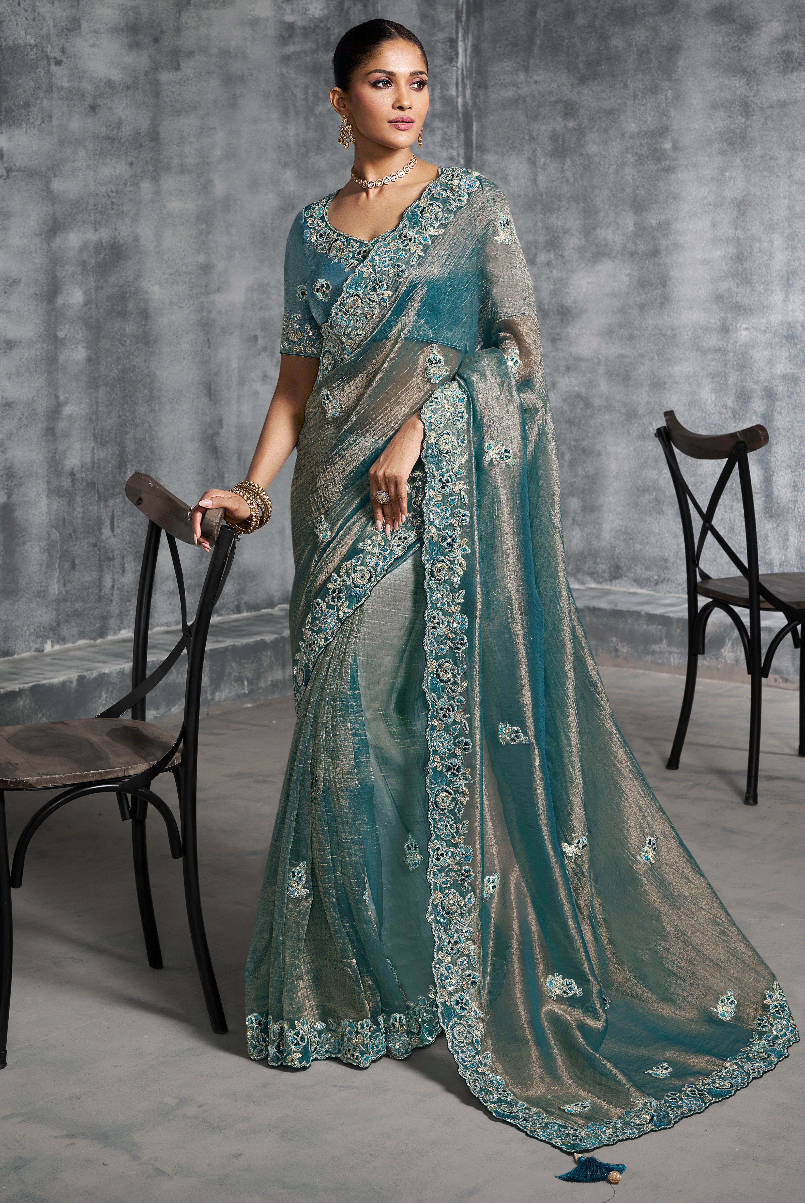 Aqua Blue Saree With Thread Embroidery Work ,Hand-Finished Stone & Mirror work With Embroidery Blouse