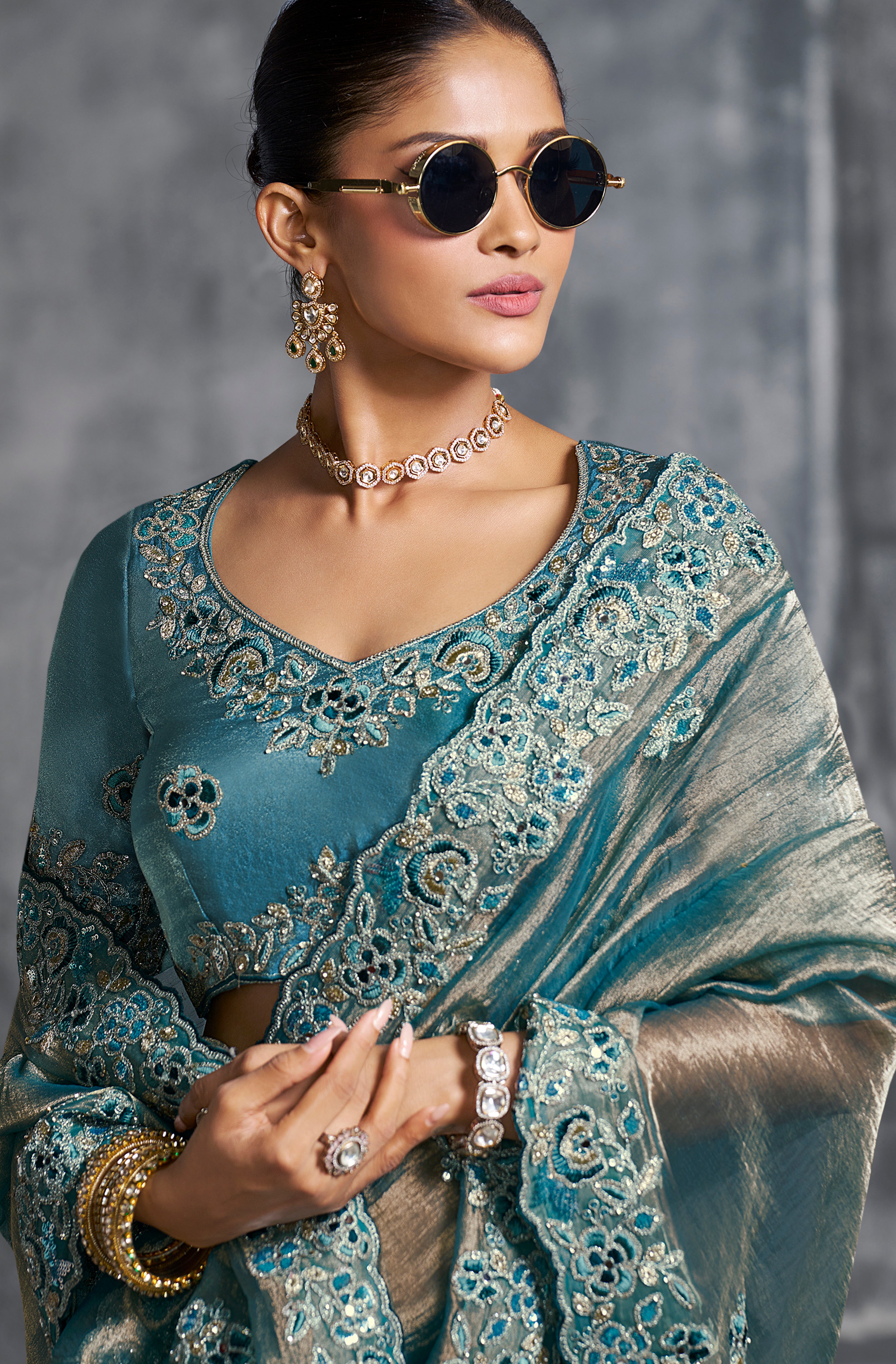 Aqua Blue Saree With Thread Embroidery Work ,Hand-Finished Stone & Mirror work With Embroidery Blouse