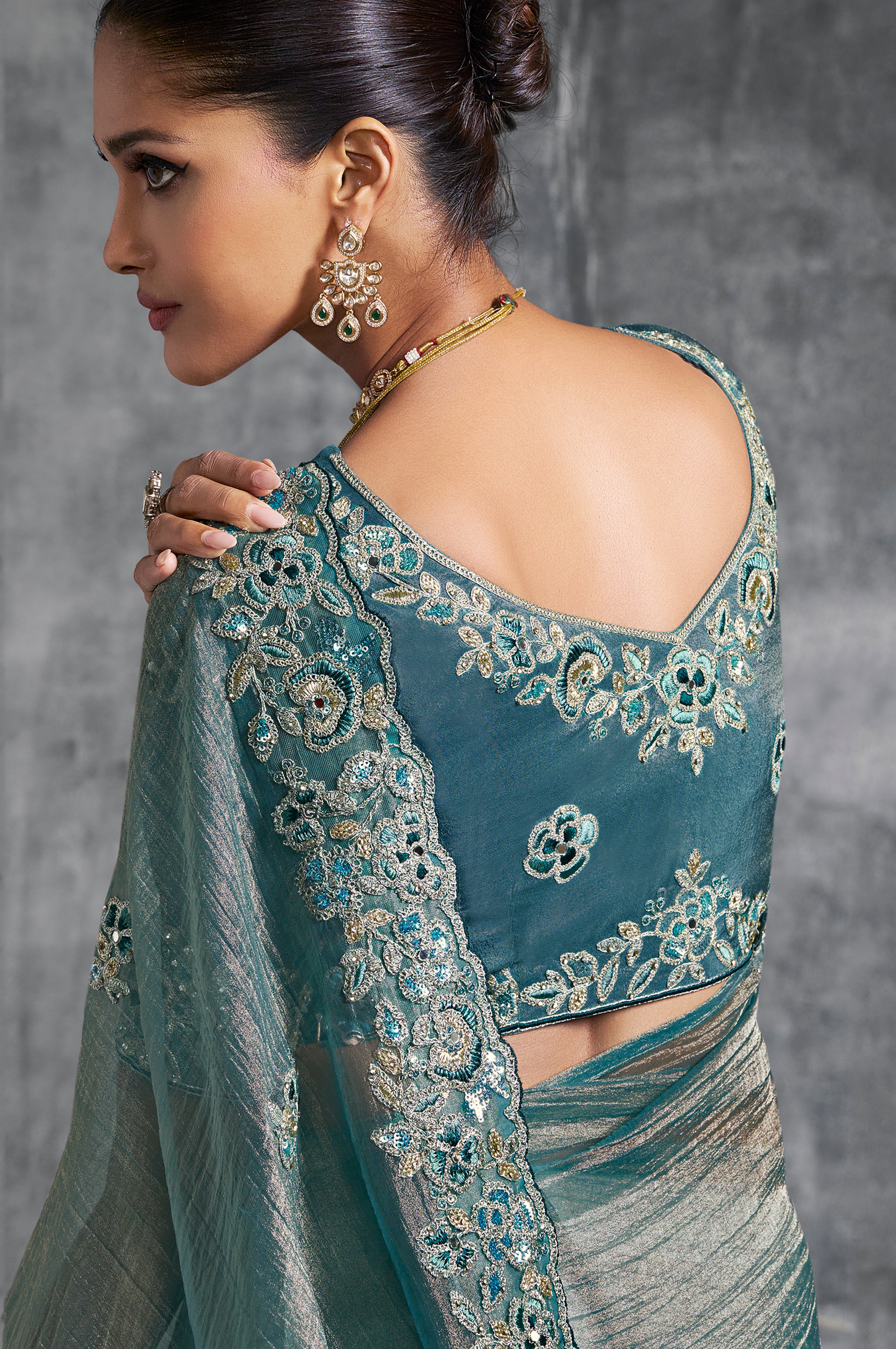 Aqua Blue Saree With Thread Embroidery Work ,Hand-Finished Stone & Mirror work With Embroidery Blouse