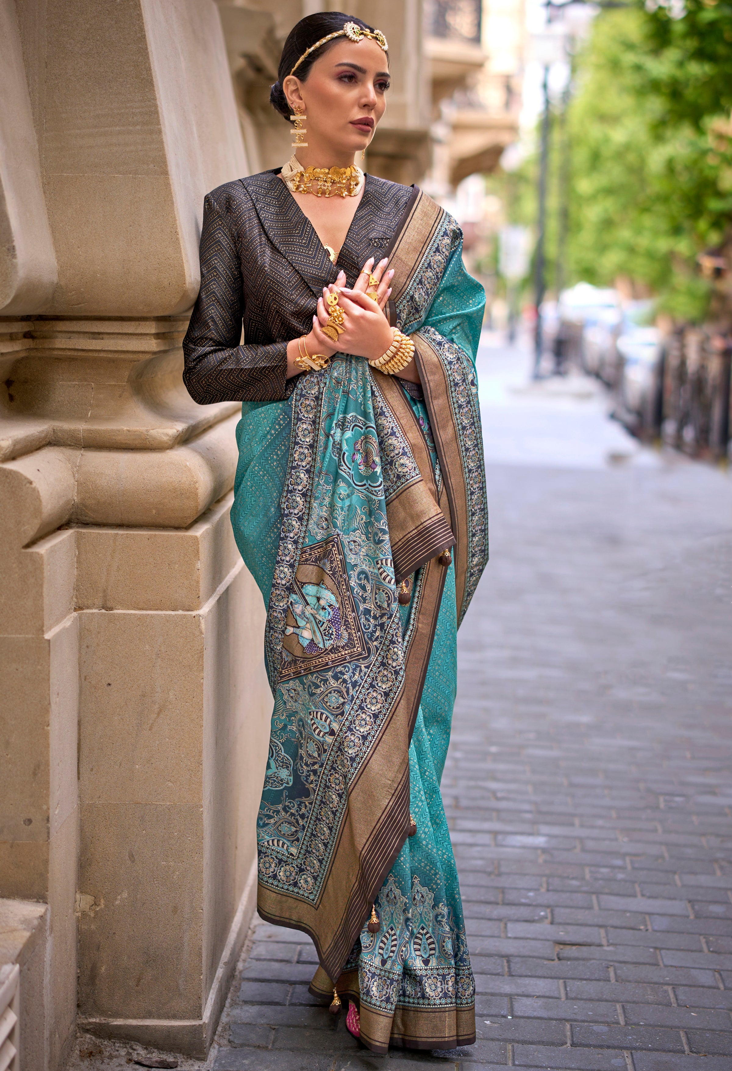Aqua Blue Silk Saree With Foil Print