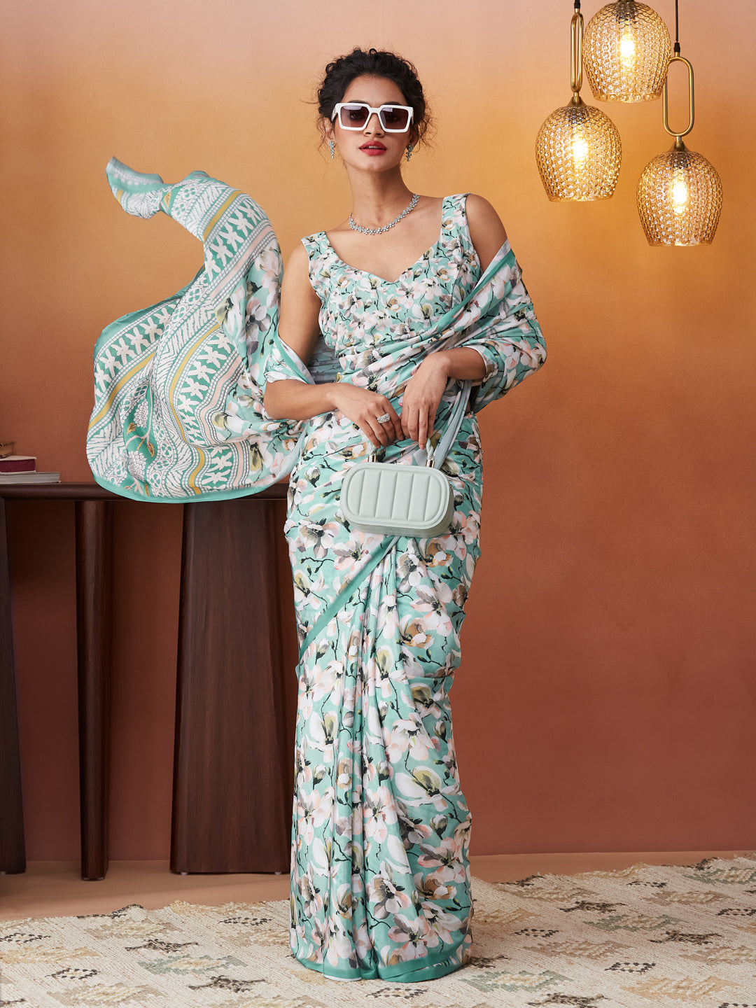 Aqua Silk Crepe Designer Printed Ready To Wear Saree