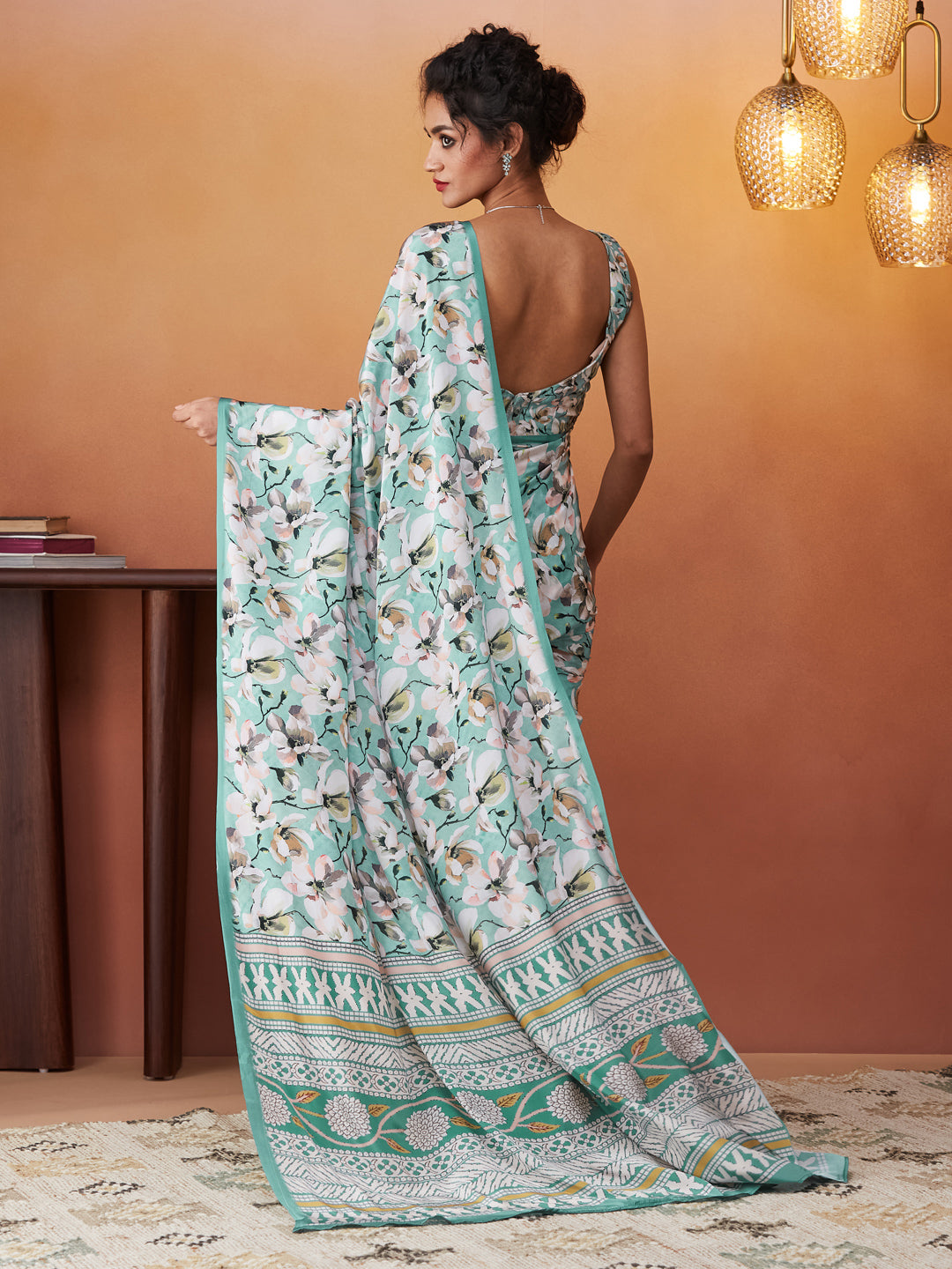 Aqua Silk Crepe Designer Printed Ready To Wear Saree