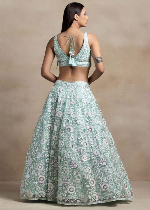 Attractive Blue Sequins Net Designer Lehenga Choli With Dupatta