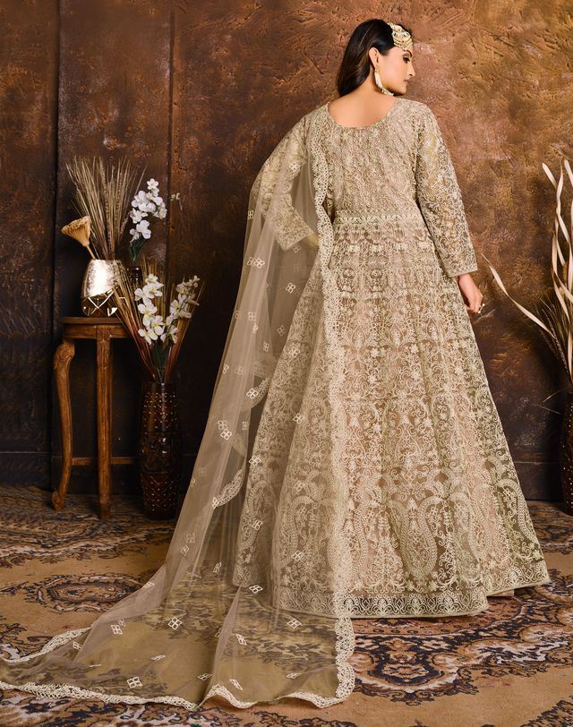 Beige Net Heavy Thread Embroidery Work Anarkali Suits
